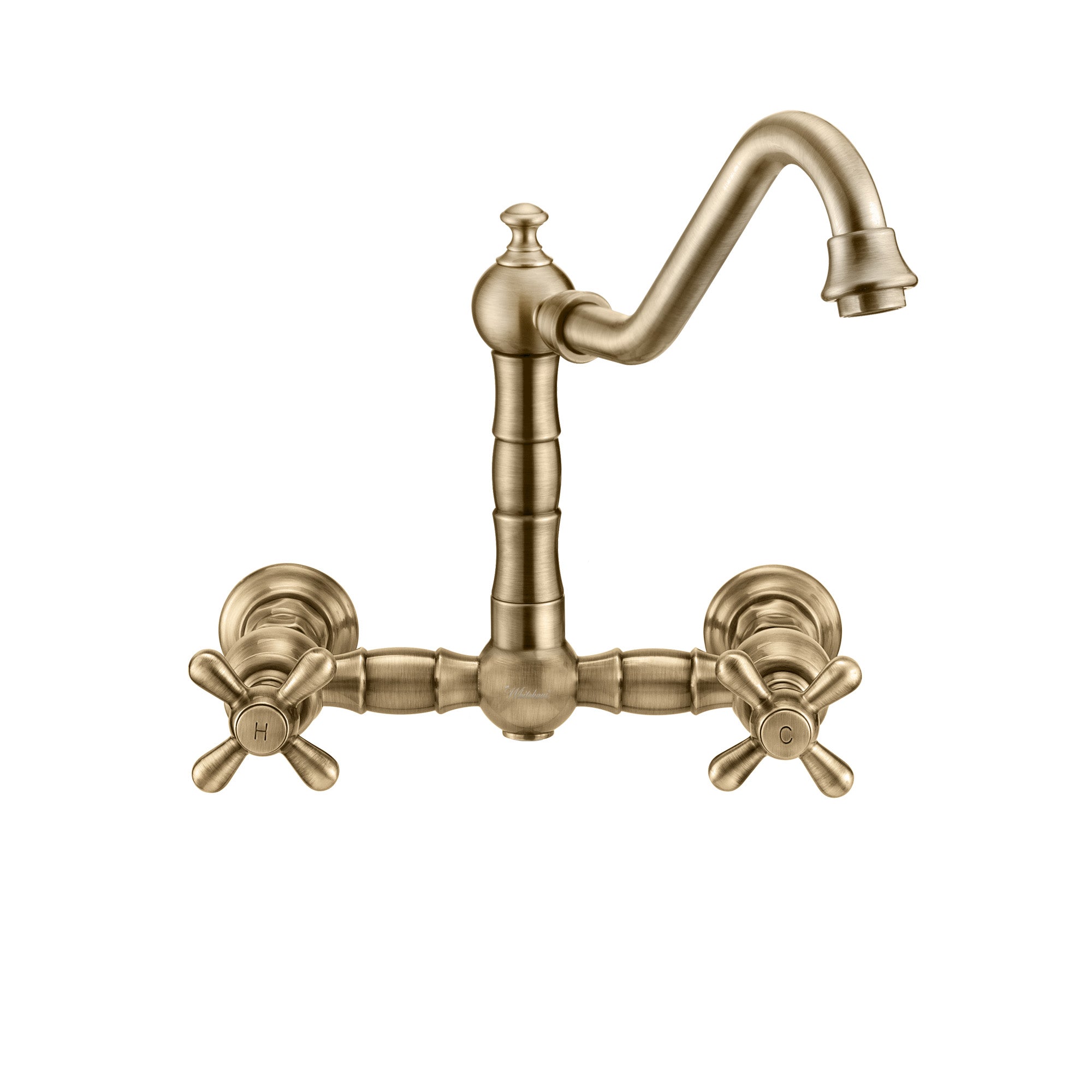 Wall Mount Faucet with a Long Traditional Swivel Spout, Cross Handles and Solid Brass Side Spray
