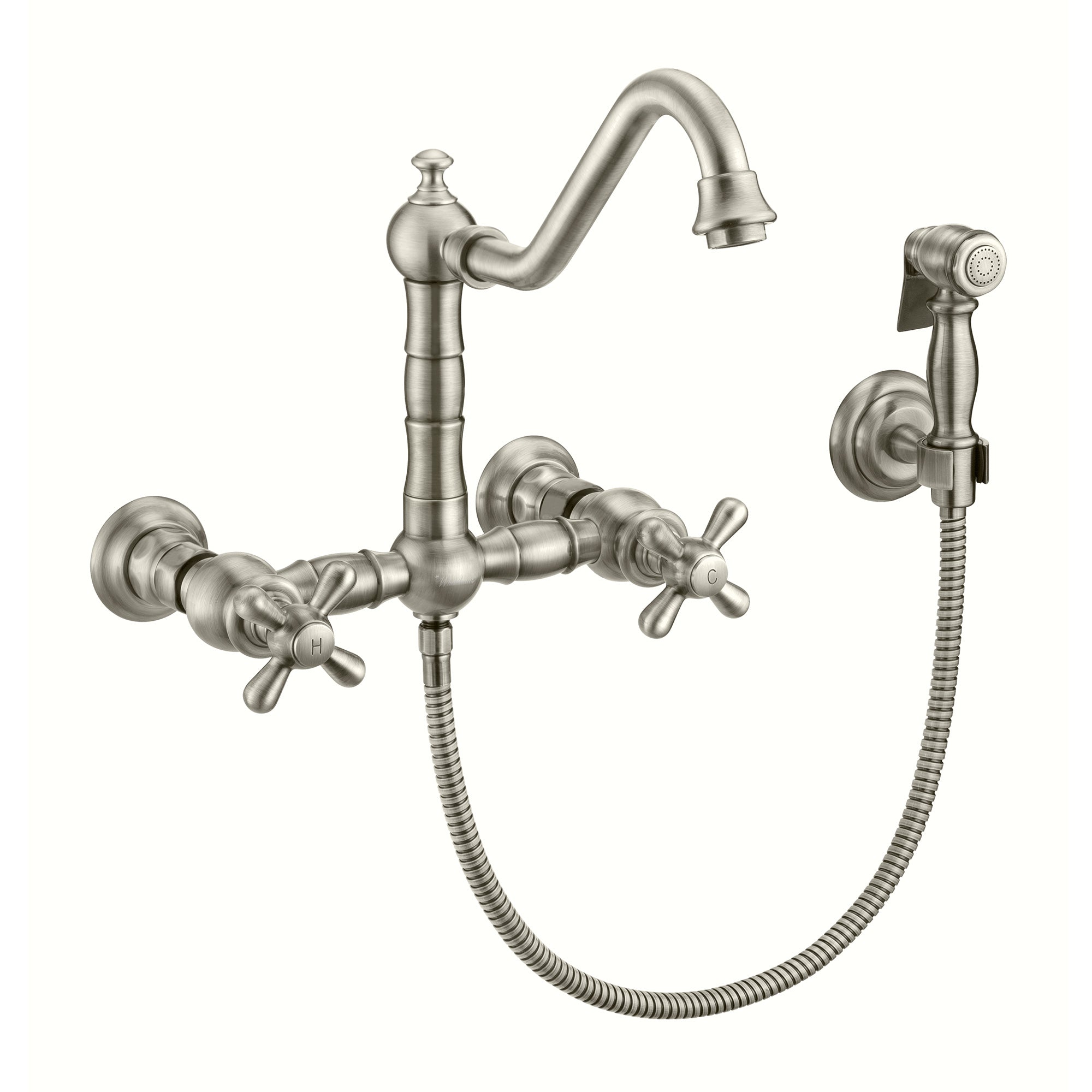 Wall Mount Faucet with a Long Traditional Swivel Spout, Cross Handles and Solid Brass Side Spray