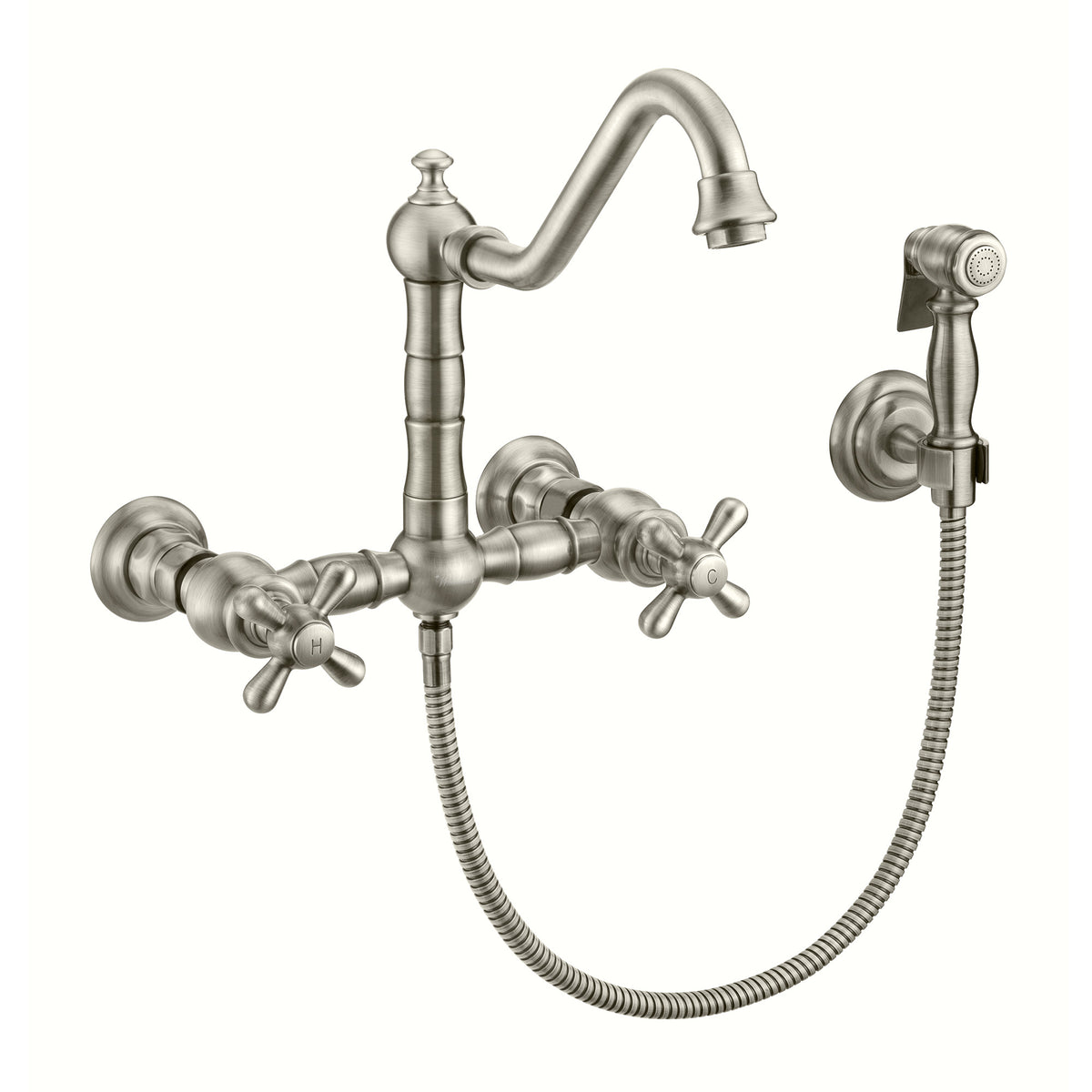 Wall Mount Faucet with a Long Traditional Swivel Spout, Cross Handles and Solid Brass Side Spray
