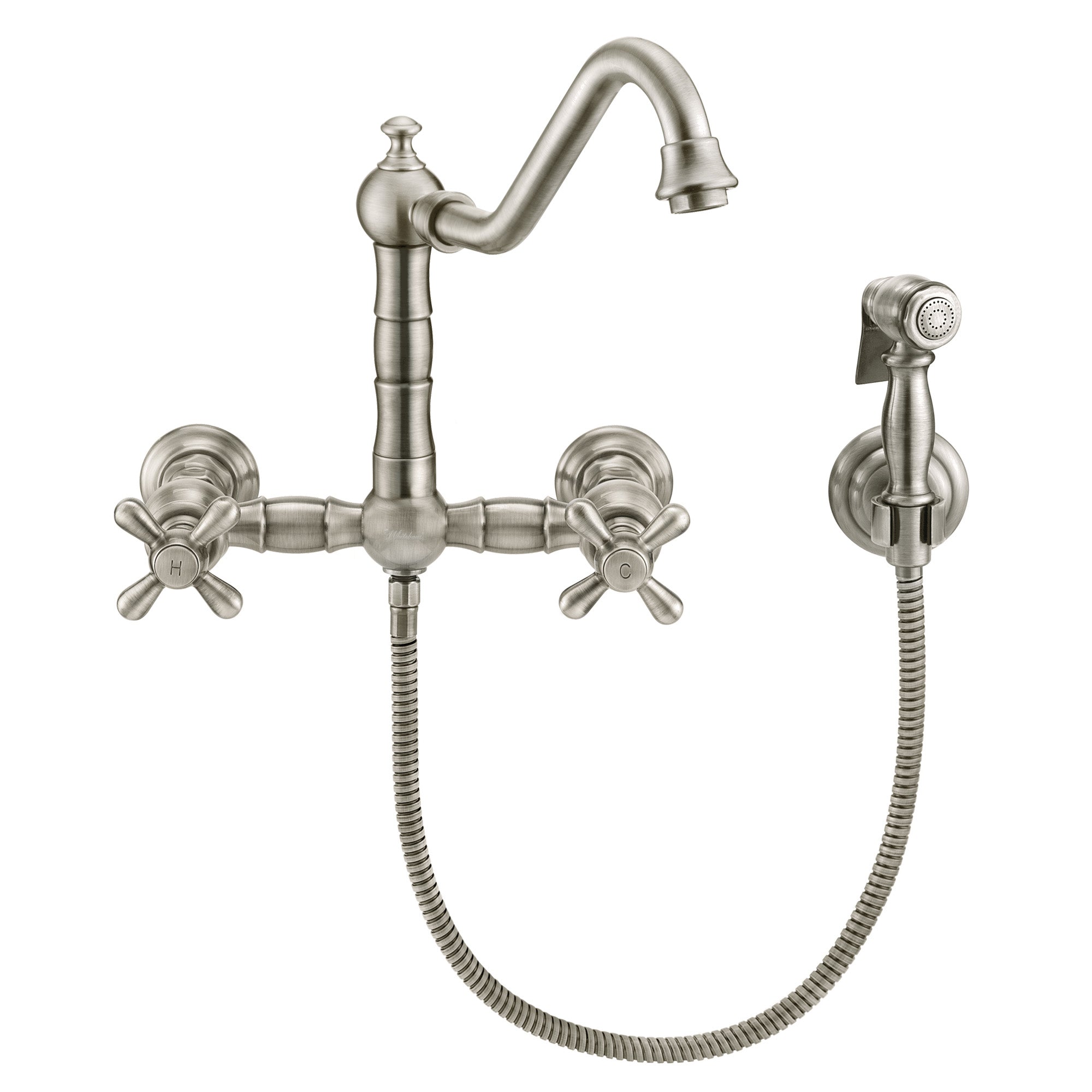 Wall Mount Faucet with a Long Traditional Swivel Spout, Cross Handles and Solid Brass Side Spray