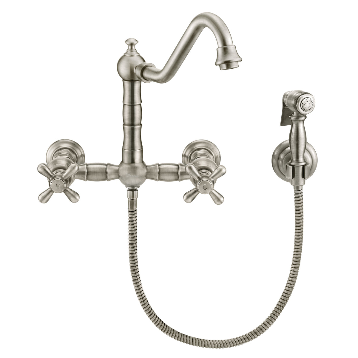 Wall Mount Faucet with a Long Traditional Swivel Spout, Cross Handles and Solid Brass Side Spray