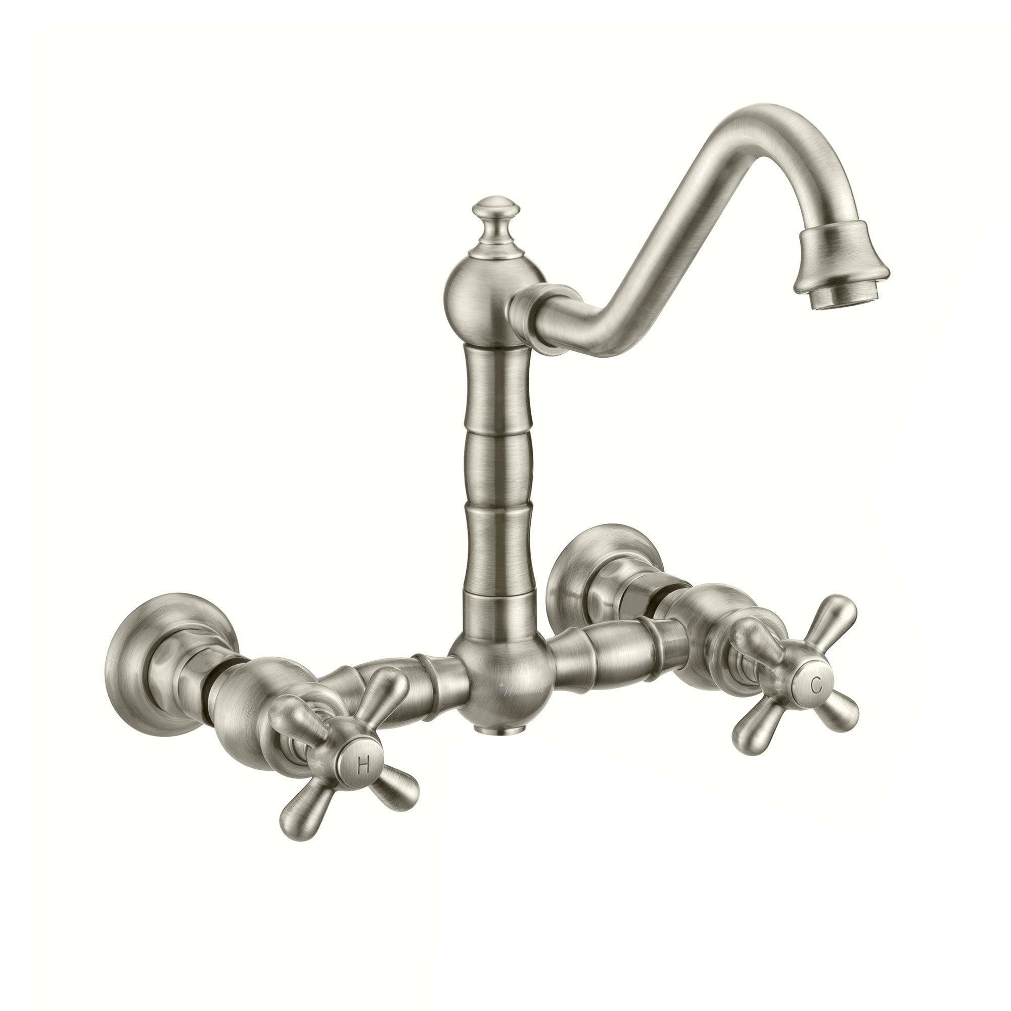 Wall Mount Faucet with a Long Traditional Swivel Spout, Cross Handles and Solid Brass Side Spray