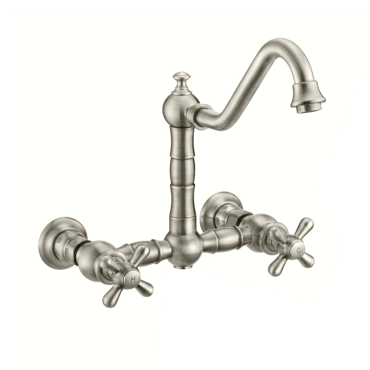 Wall Mount Faucet with a Long Traditional Swivel Spout, Cross Handles and Solid Brass Side Spray