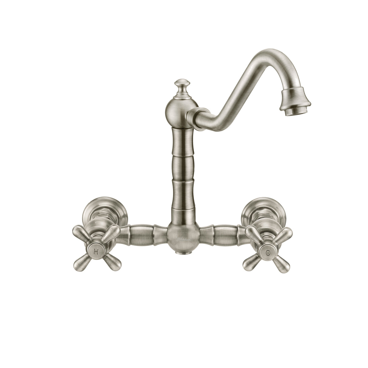 Wall Mount Faucet with a Long Traditional Swivel Spout, Cross Handles and Solid Brass Side Spray