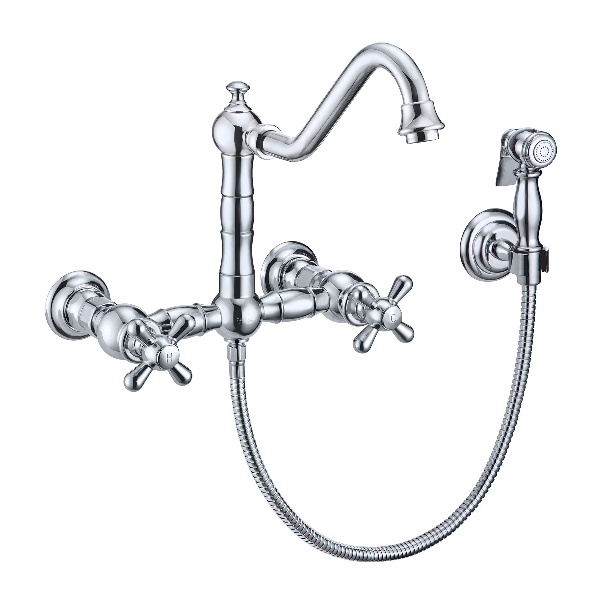 Wall Mount Faucet with a Long Traditional Swivel Spout, Cross Handles and Solid Brass Side Spray