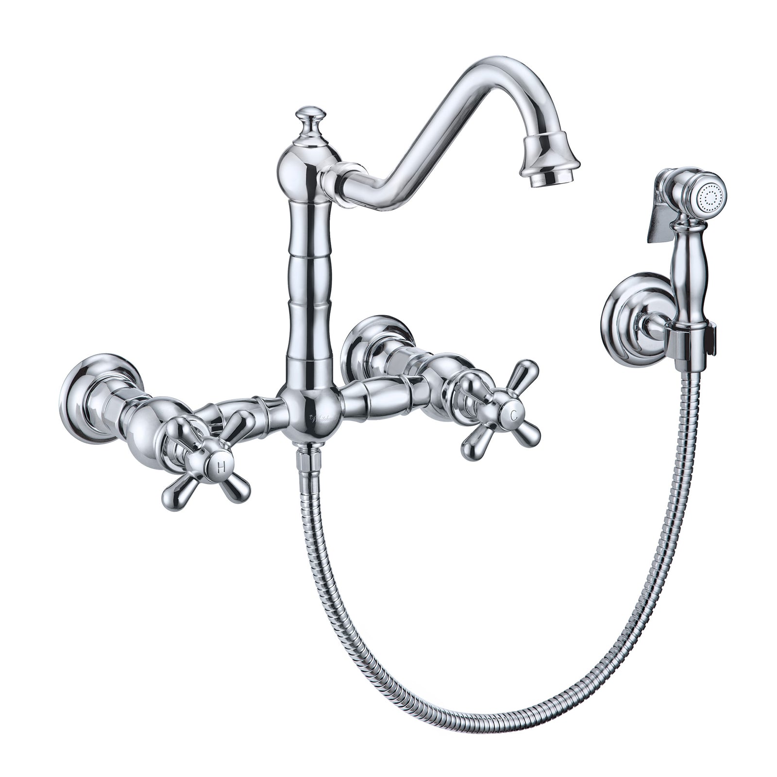 Wall Mount Faucet with a Long Traditional Swivel Spout, Cross Handles and Solid Brass Side Spray