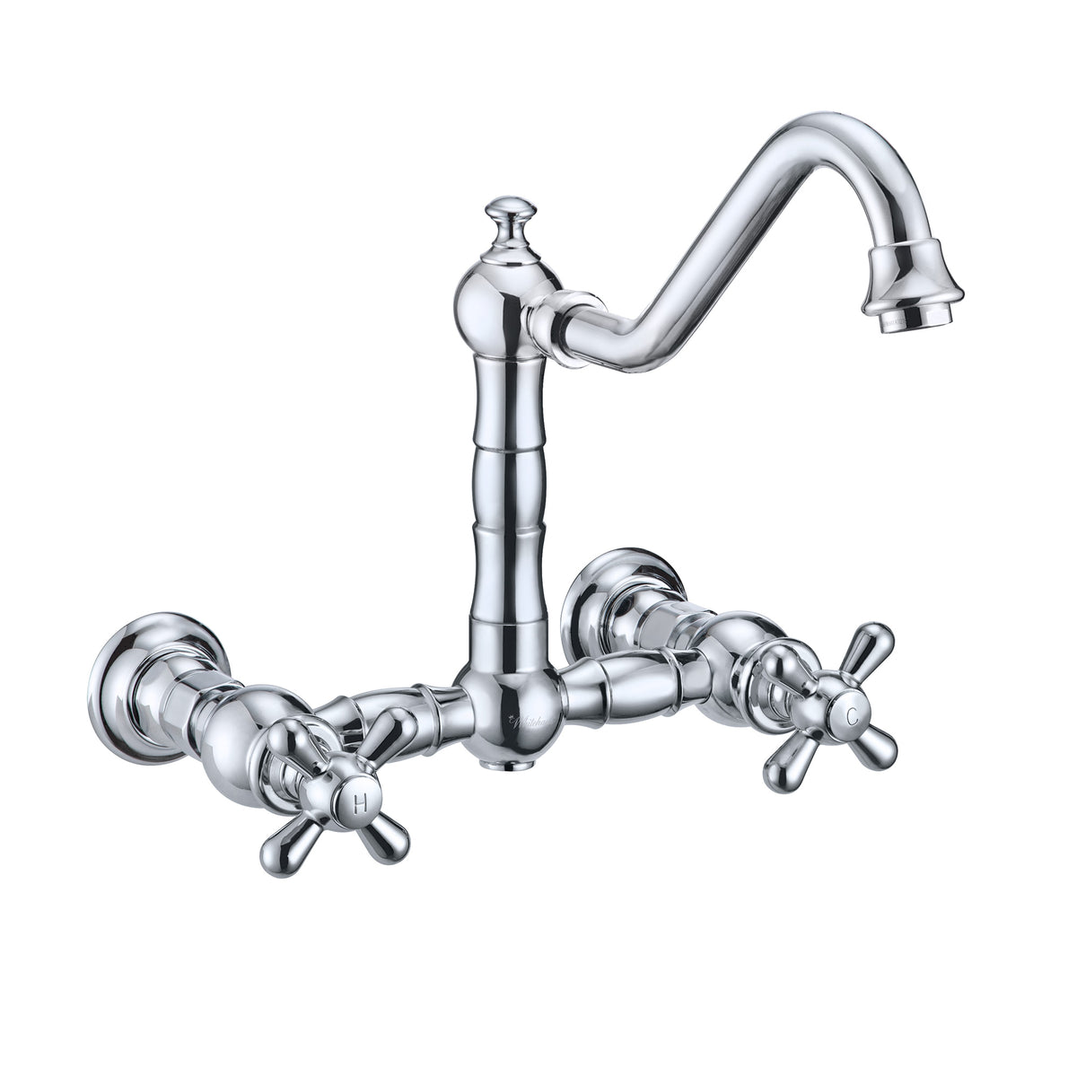 Wall Mount Faucet with a Long Traditional Swivel Spout, Cross Handles and Solid Brass Side Spray