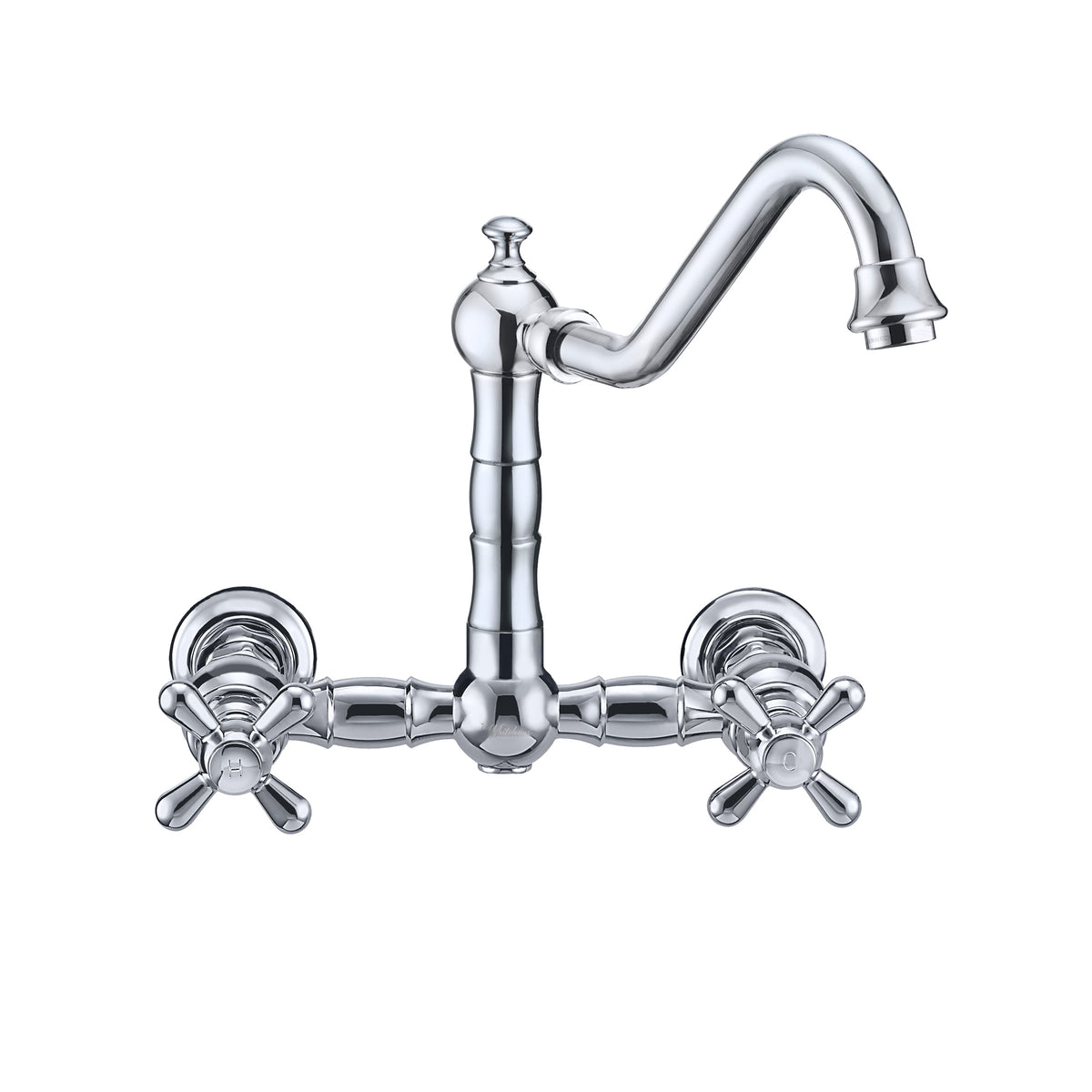 Wall Mount Faucet with a Long Traditional Swivel Spout, Cross Handles and Solid Brass Side Spray