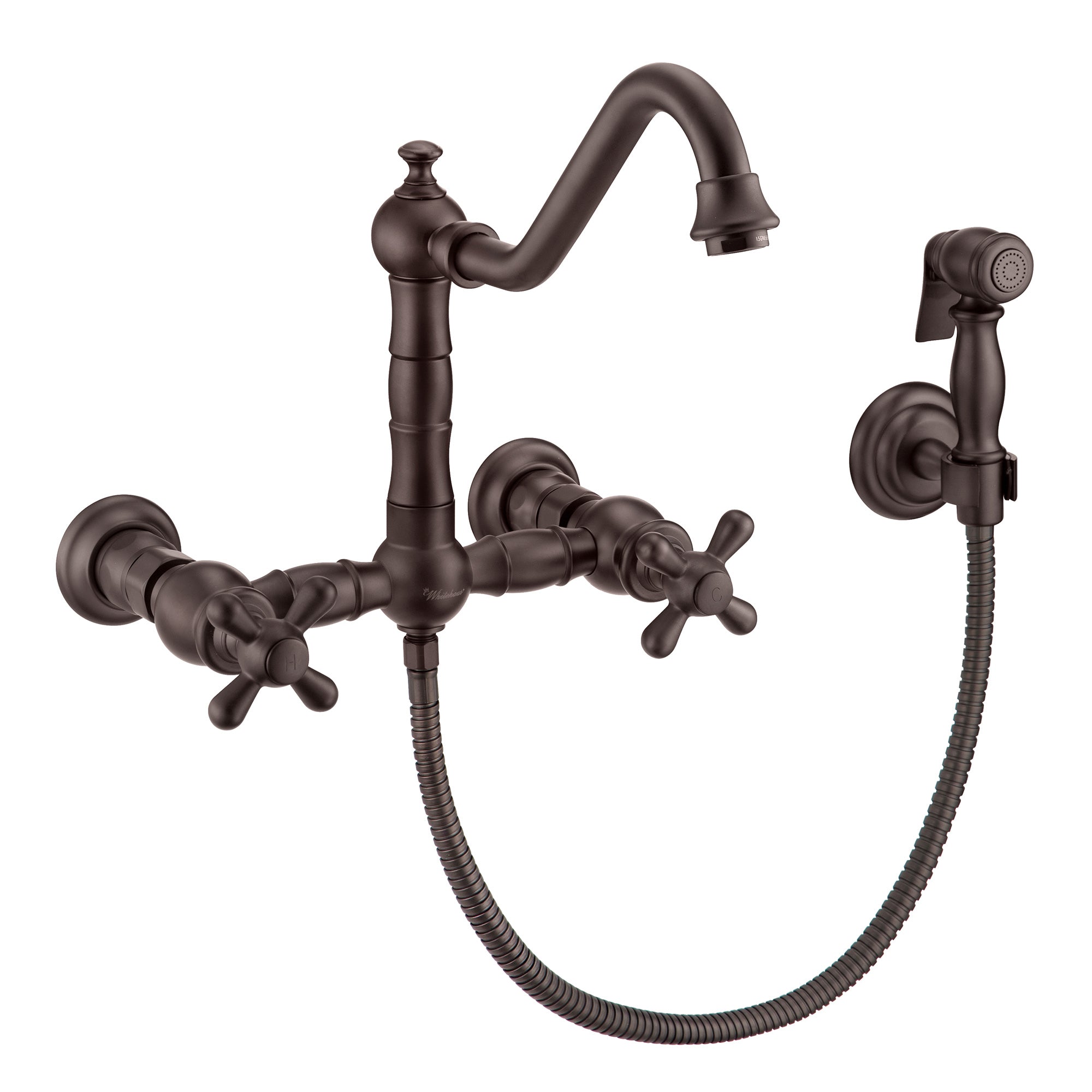 Wall Mount Faucet with a Long Traditional Swivel Spout, Cross Handles and Solid Brass Side Spray