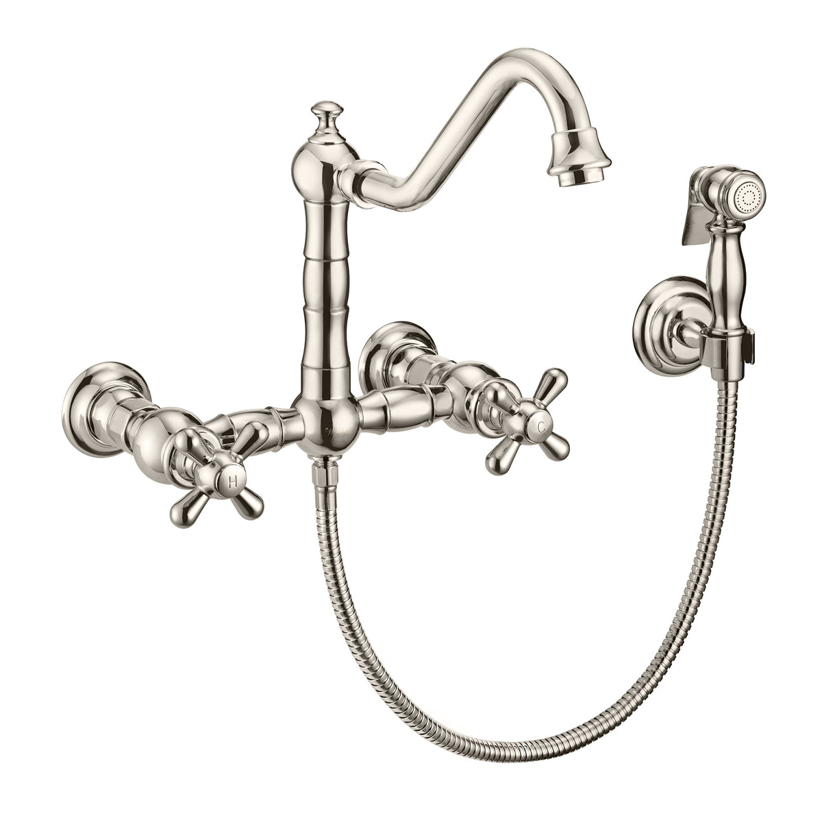 Wall Mount Faucet with a Long Traditional Swivel Spout, Cross Handles and Solid Brass Side Spray