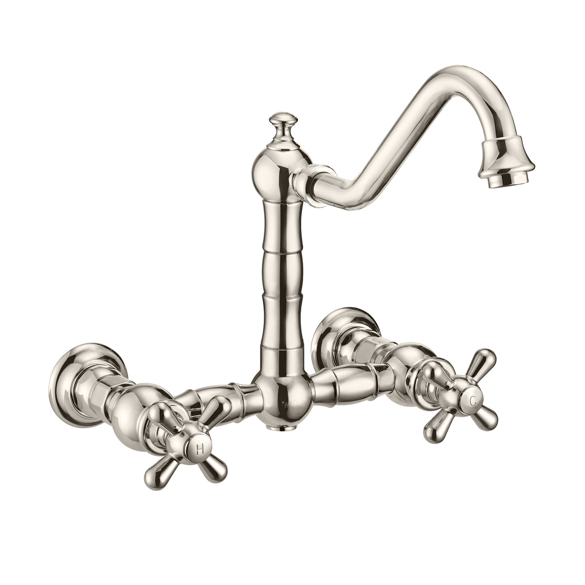 Wall Mount Faucet with a Long Traditional Swivel Spout, Cross Handles and Solid Brass Side Spray