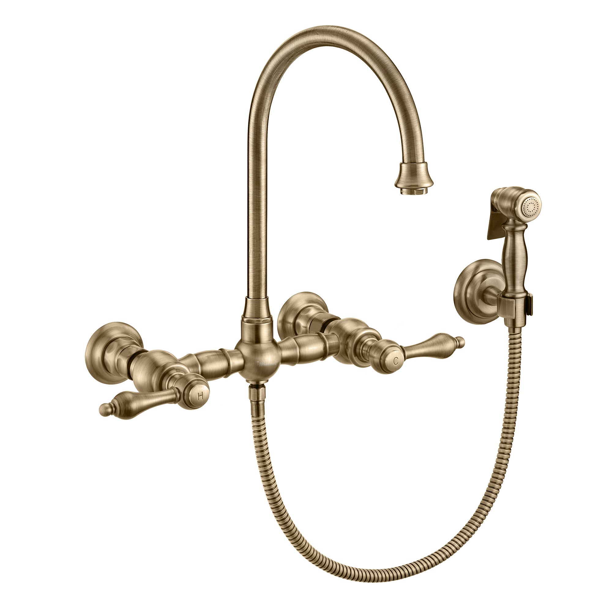 Wall Mount Faucet with a Long Gooseneck Swivel Spout, Lever Handles and Solid Brass Side Spray