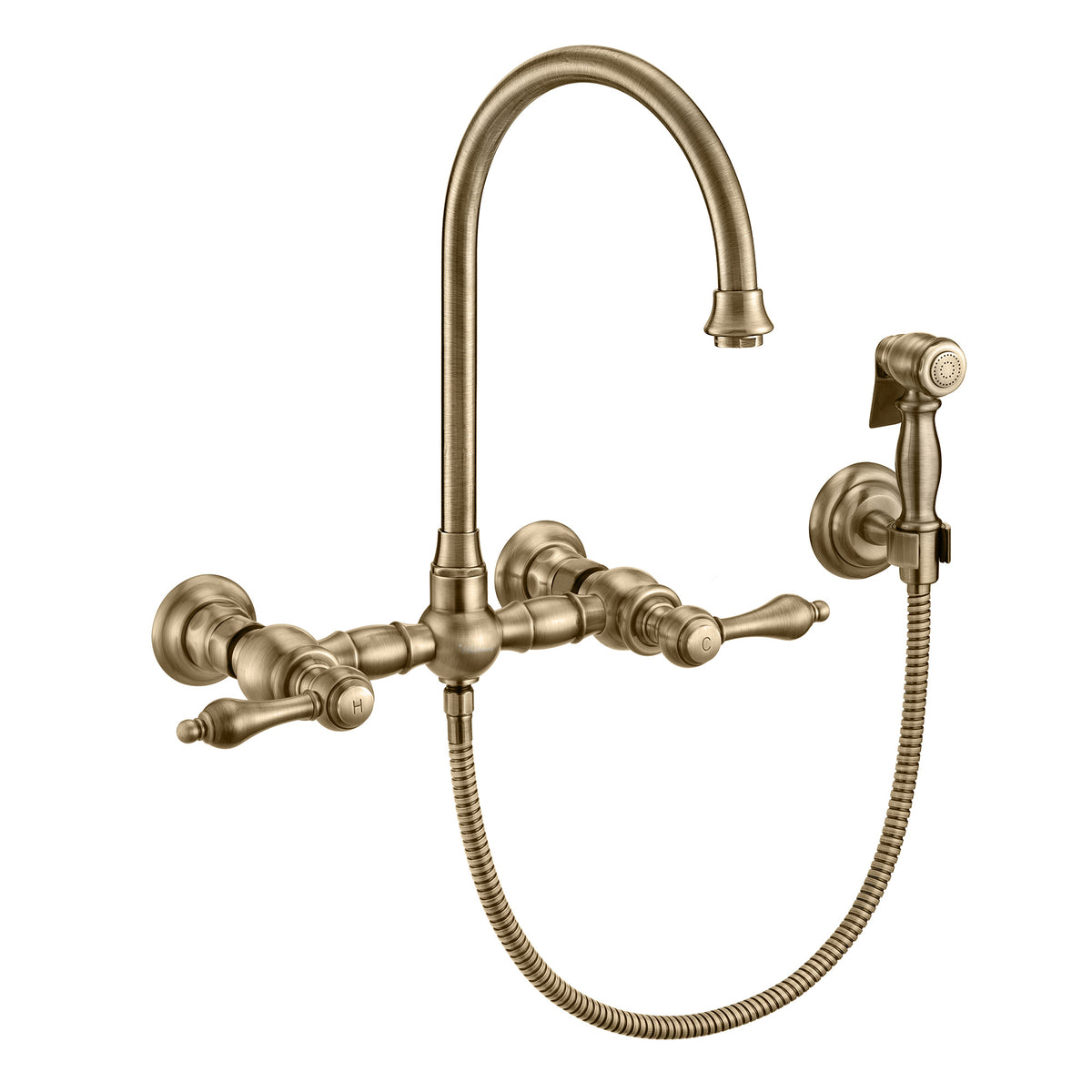 Wall Mount Faucet with a Long Gooseneck Swivel Spout, Lever Handles and Solid Brass Side Spray