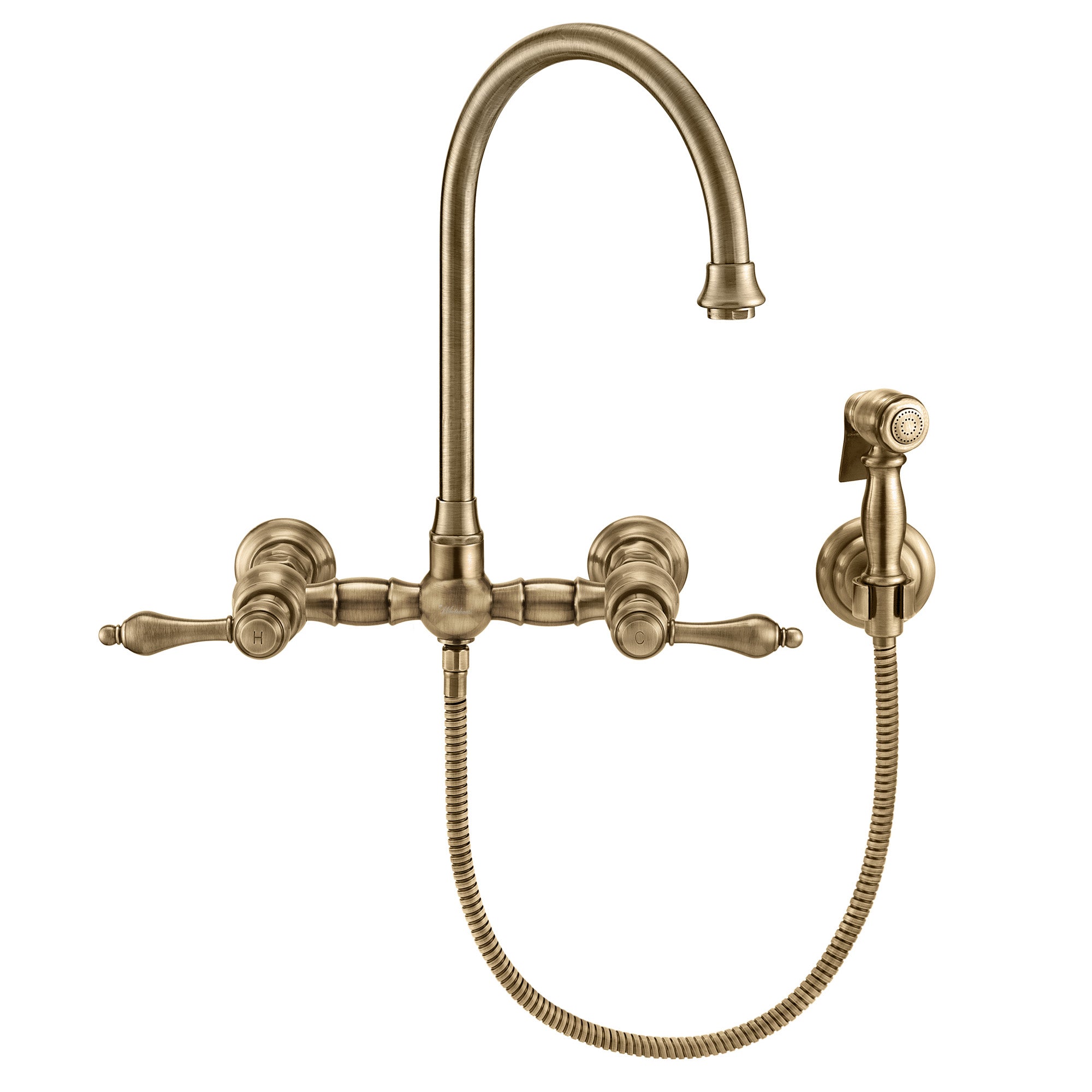 Wall Mount Faucet with a Long Gooseneck Swivel Spout, Lever Handles and Solid Brass Side Spray
