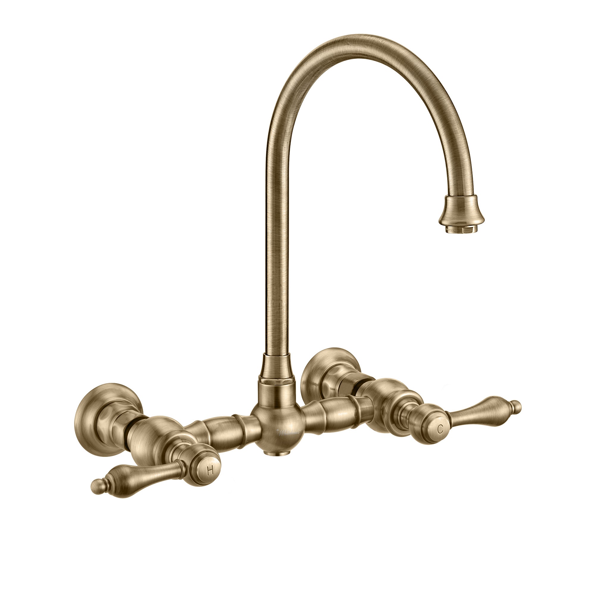 Wall Mount Faucet with a Long Gooseneck Swivel Spout, Lever Handles and Solid Brass Side Spray