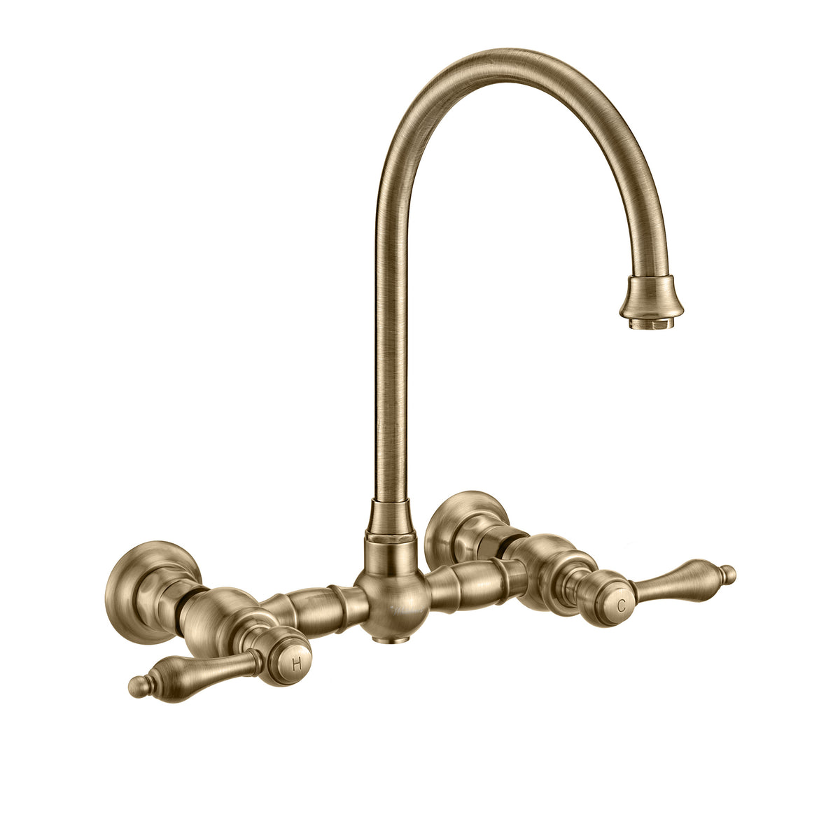Wall Mount Faucet with a Long Gooseneck Swivel Spout, Lever Handles and Solid Brass Side Spray