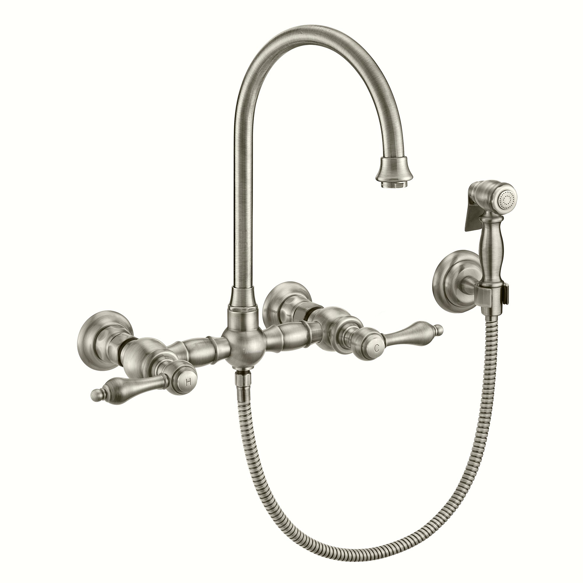 Wall Mount Faucet with a Long Gooseneck Swivel Spout, Lever Handles and Solid Brass Side Spray