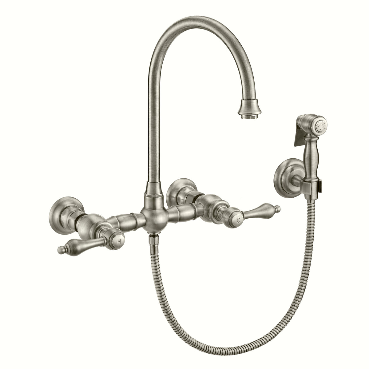 Wall Mount Faucet with a Long Gooseneck Swivel Spout, Lever Handles and Solid Brass Side Spray