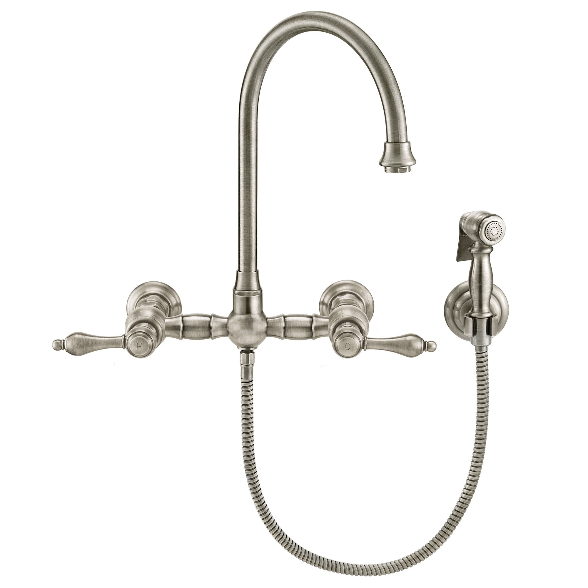 Wall Mount Faucet with a Long Gooseneck Swivel Spout, Lever Handles and Solid Brass Side Spray