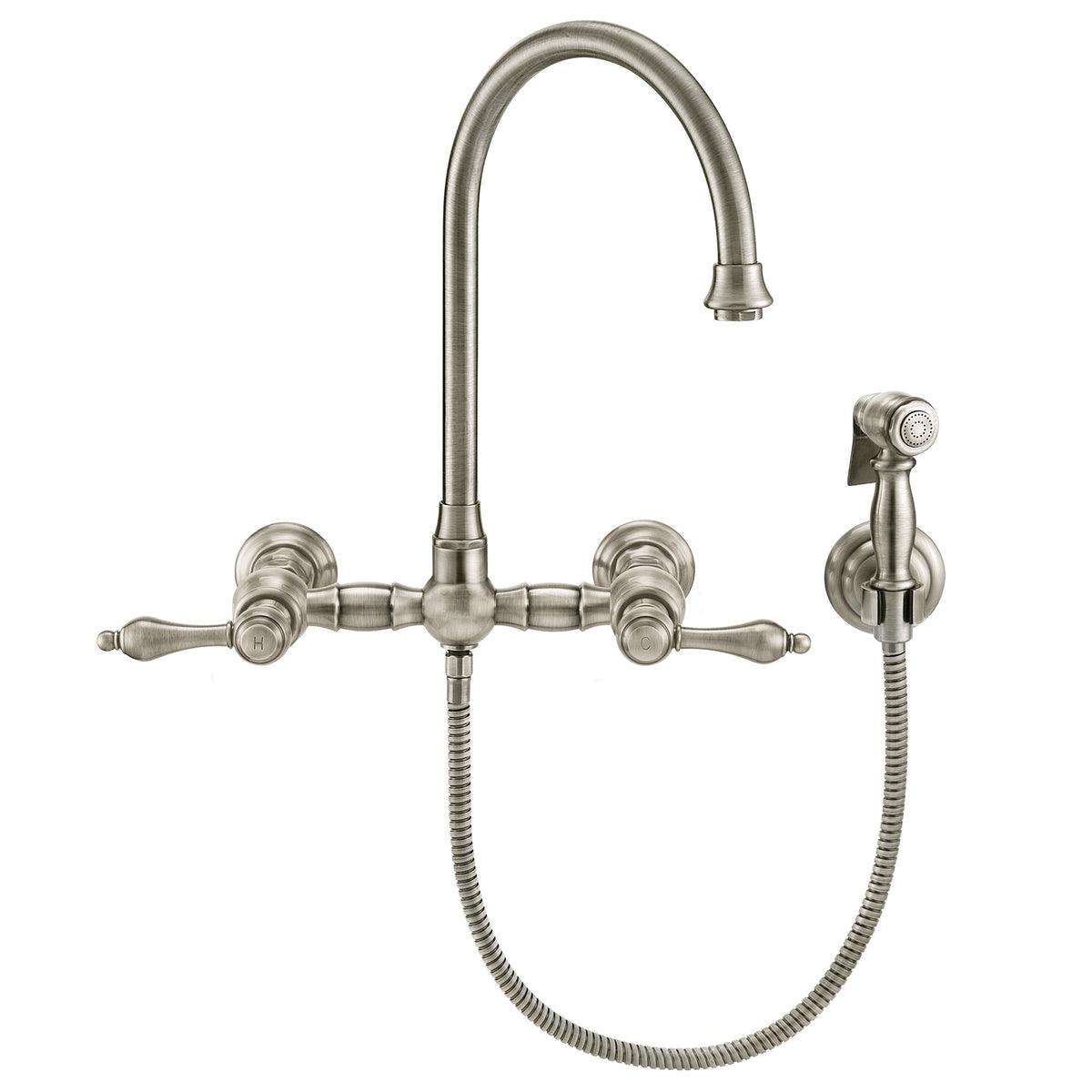 Wall Mount Faucet with a Long Gooseneck Swivel Spout, Lever Handles and Solid Brass Side Spray