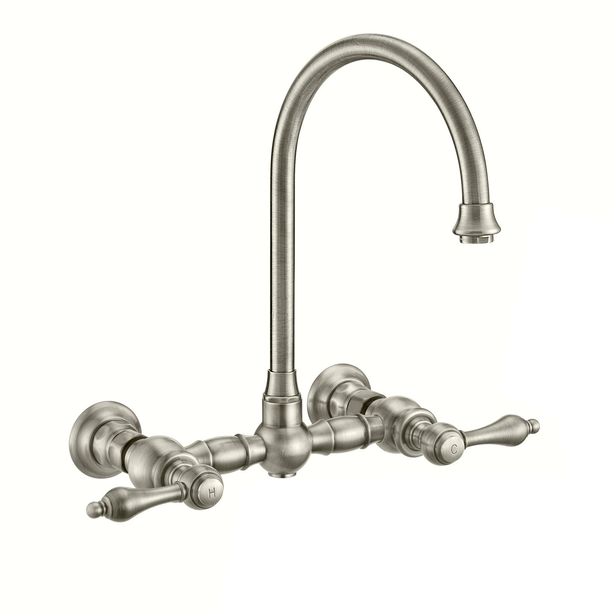 Wall Mount Faucet with a Long Gooseneck Swivel Spout, Lever Handles and Solid Brass Side Spray