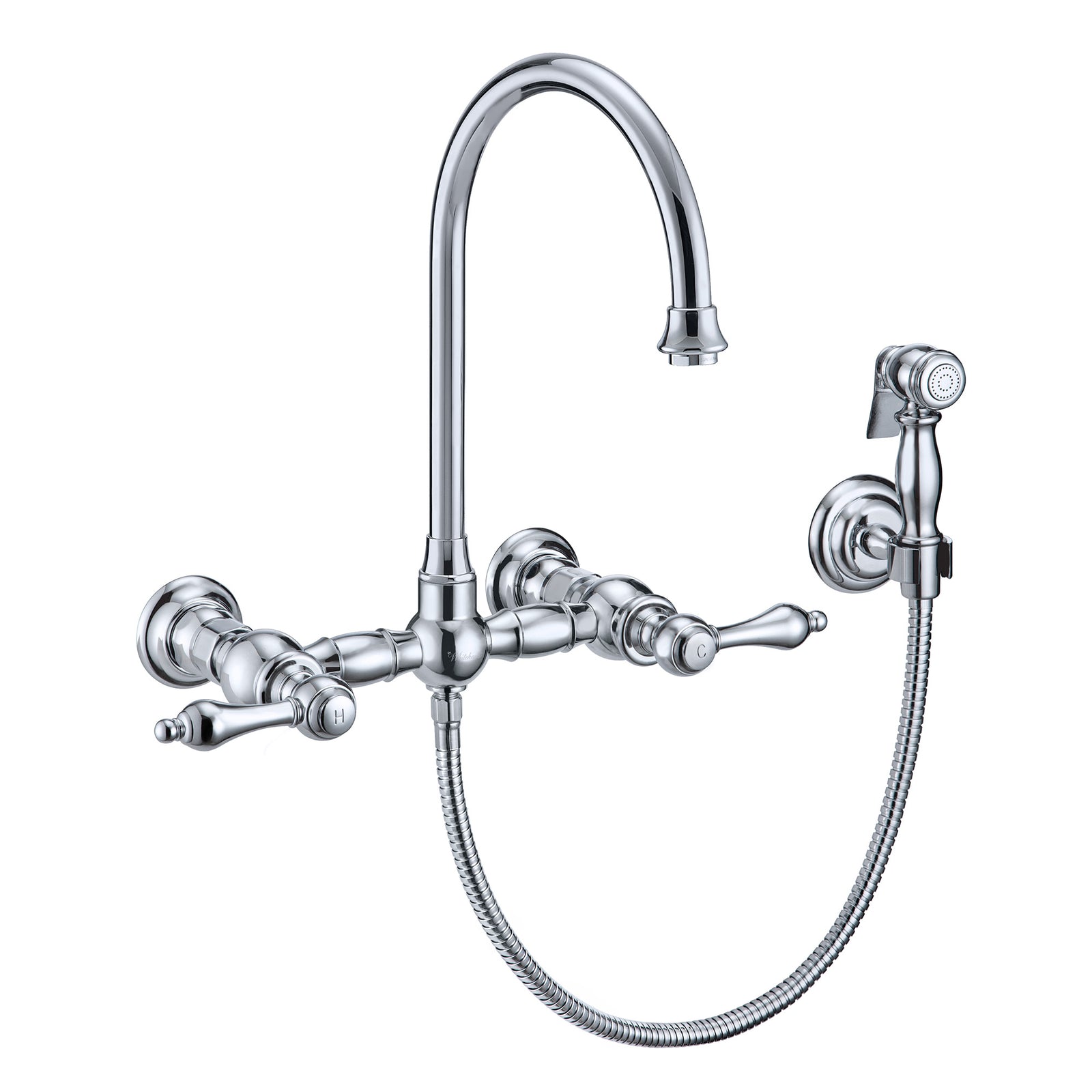 Wall Mount Faucet with a Long Gooseneck Swivel Spout, Lever Handles and Solid Brass Side Spray