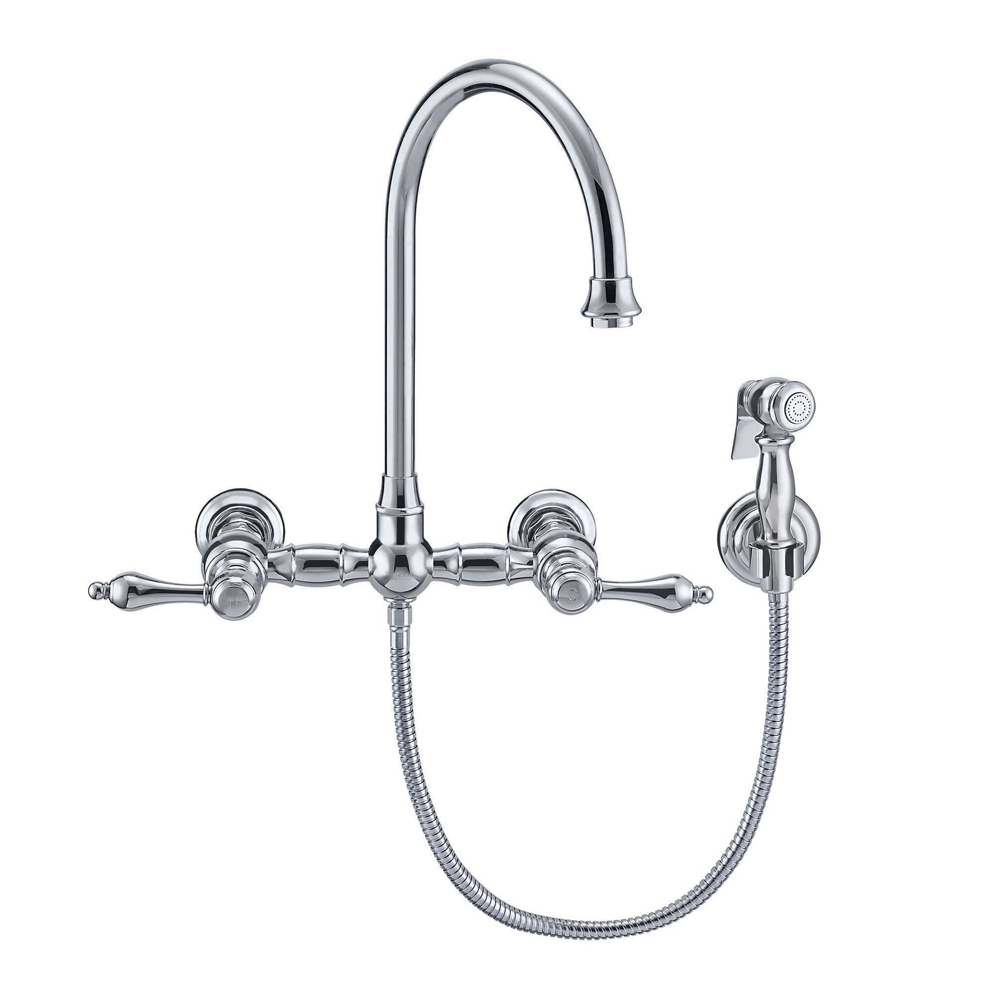 Wall Mount Faucet with a Long Gooseneck Swivel Spout, Lever Handles and Solid Brass Side Spray
