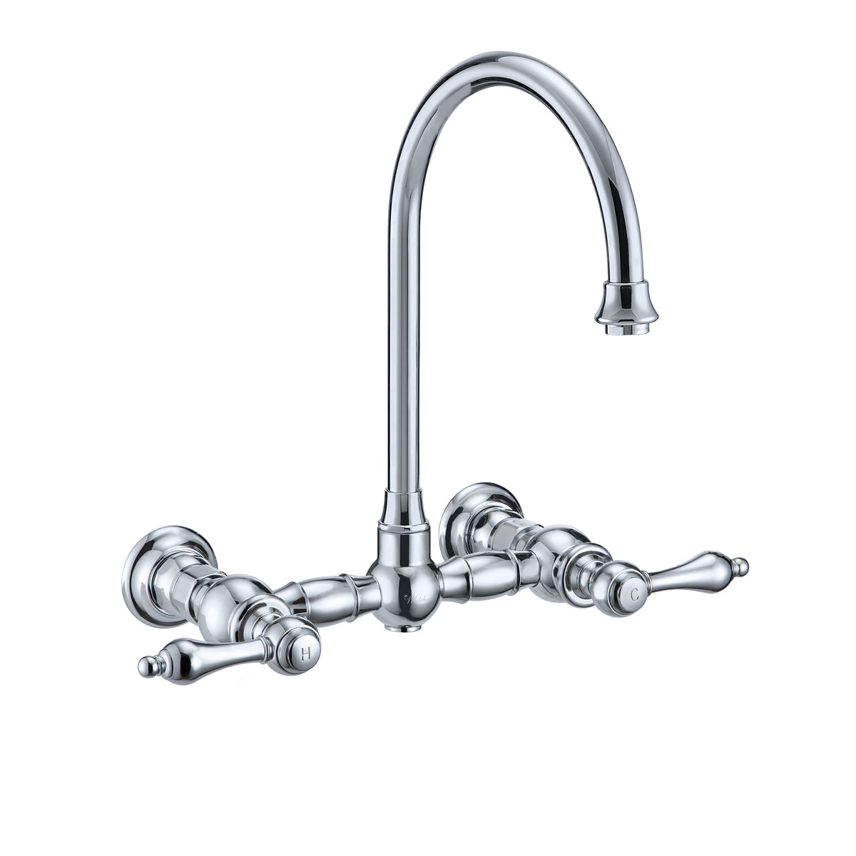 Wall Mount Faucet with a Long Gooseneck Swivel Spout, Lever Handles and Solid Brass Side Spray