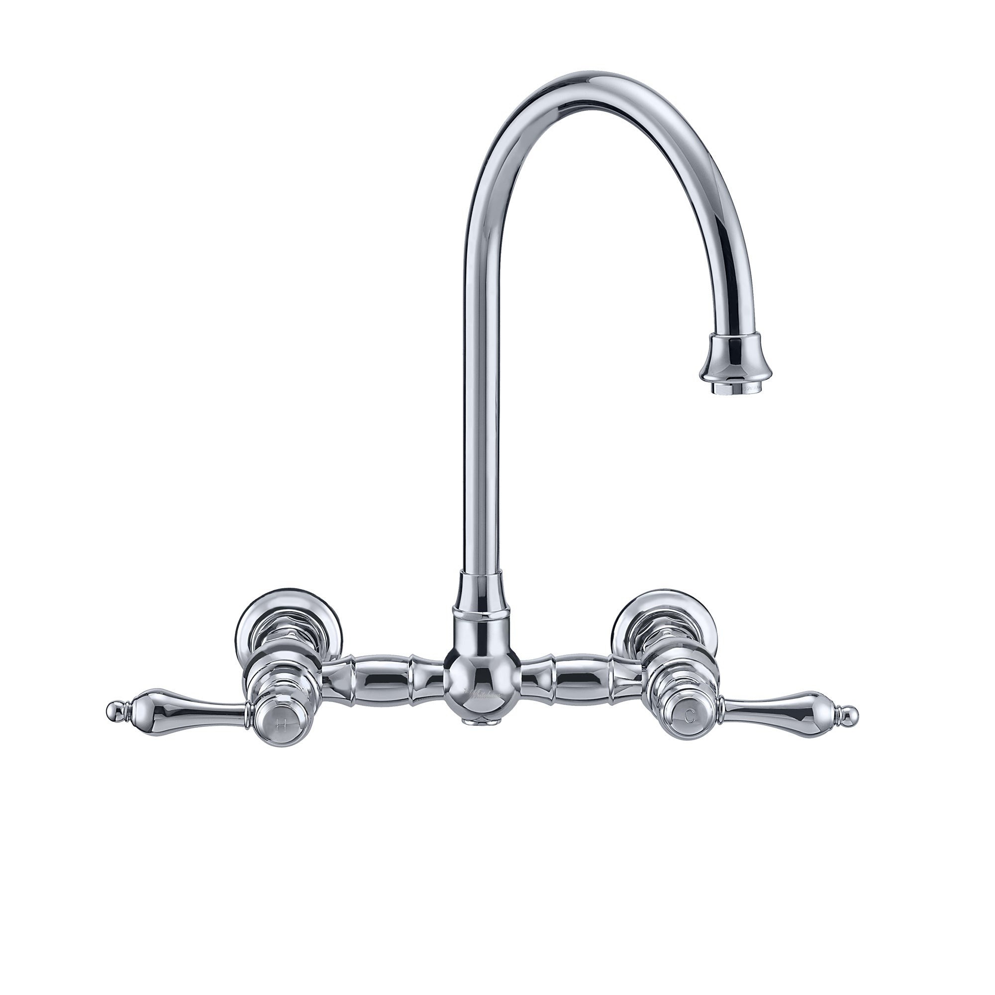 Wall Mount Faucet with a Long Gooseneck Swivel Spout, Lever Handles and Solid Brass Side Spray