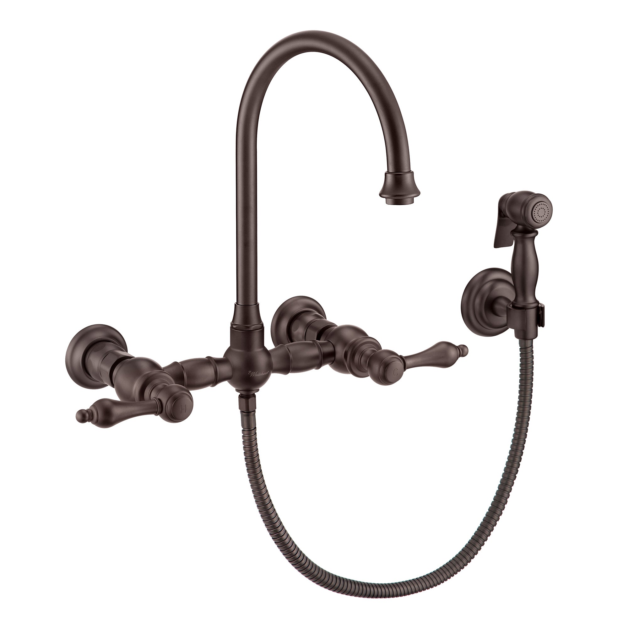 Wall Mount Faucet with a Long Gooseneck Swivel Spout, Lever Handles and Solid Brass Side Spray