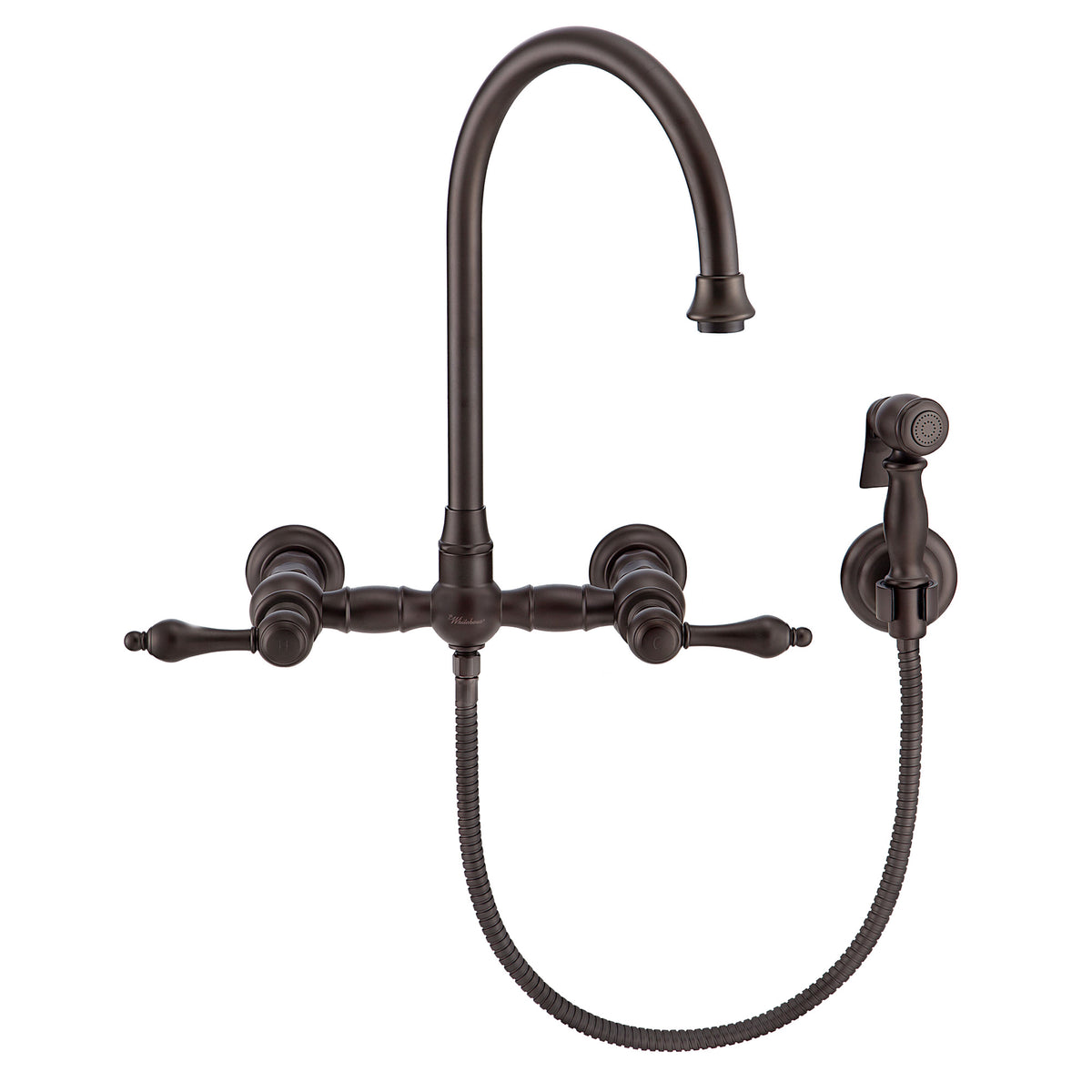 Wall Mount Faucet with a Long Gooseneck Swivel Spout, Lever Handles and Solid Brass Side Spray