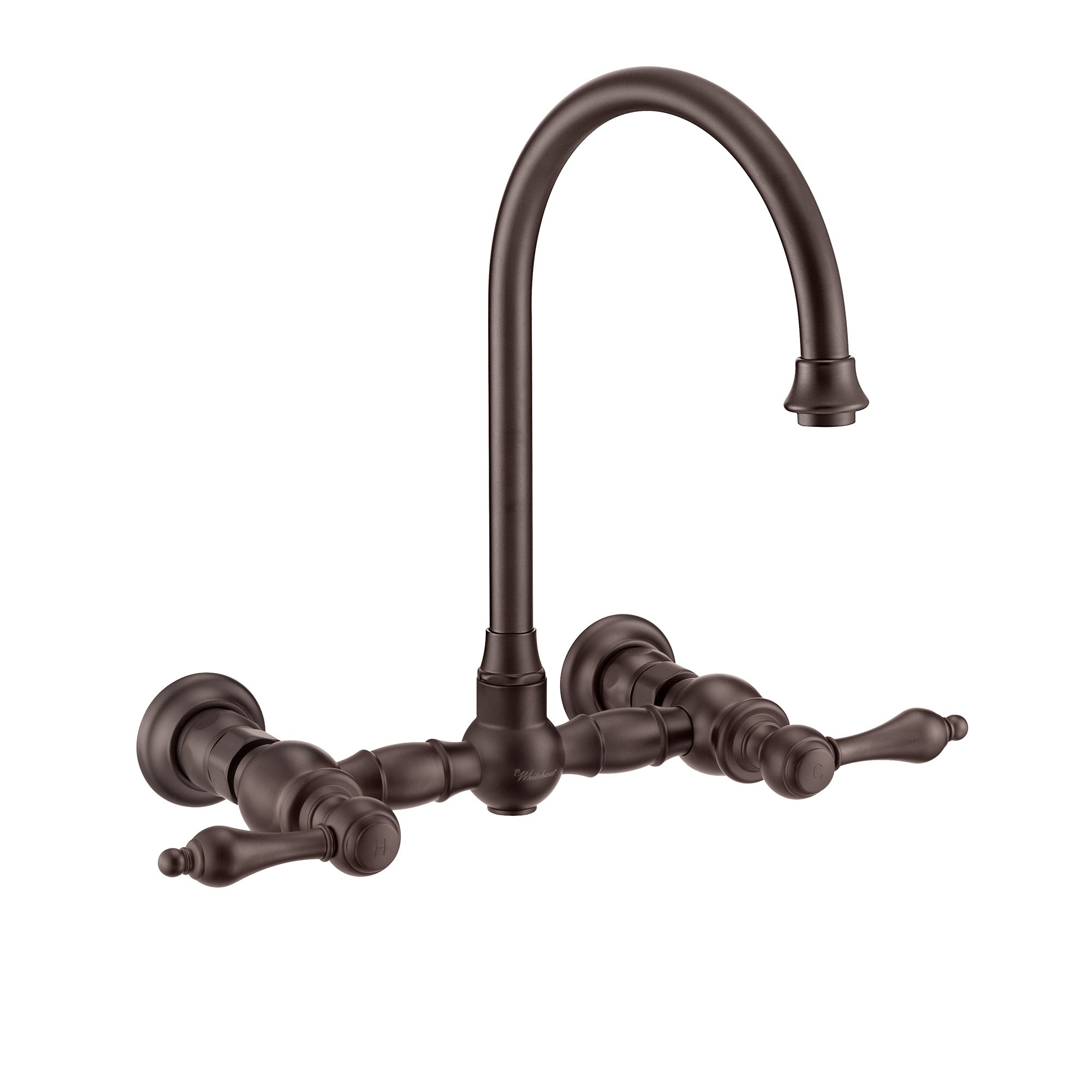 Wall Mount Faucet with a Long Gooseneck Swivel Spout, Lever Handles and Solid Brass Side Spray