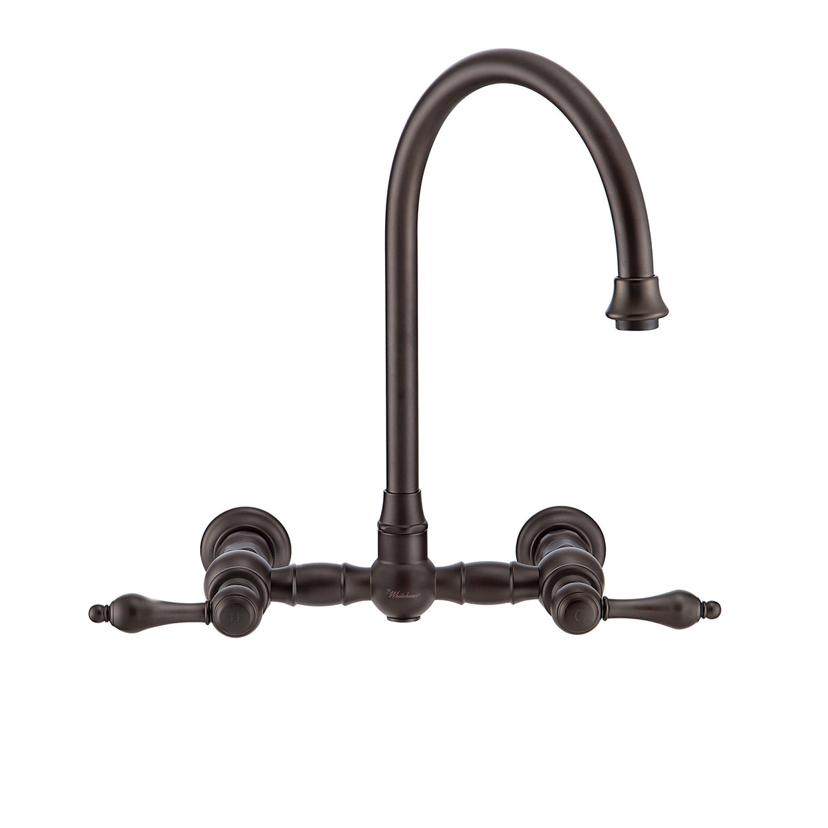 Wall Mount Faucet with a Long Gooseneck Swivel Spout, Lever Handles and Solid Brass Side Spray