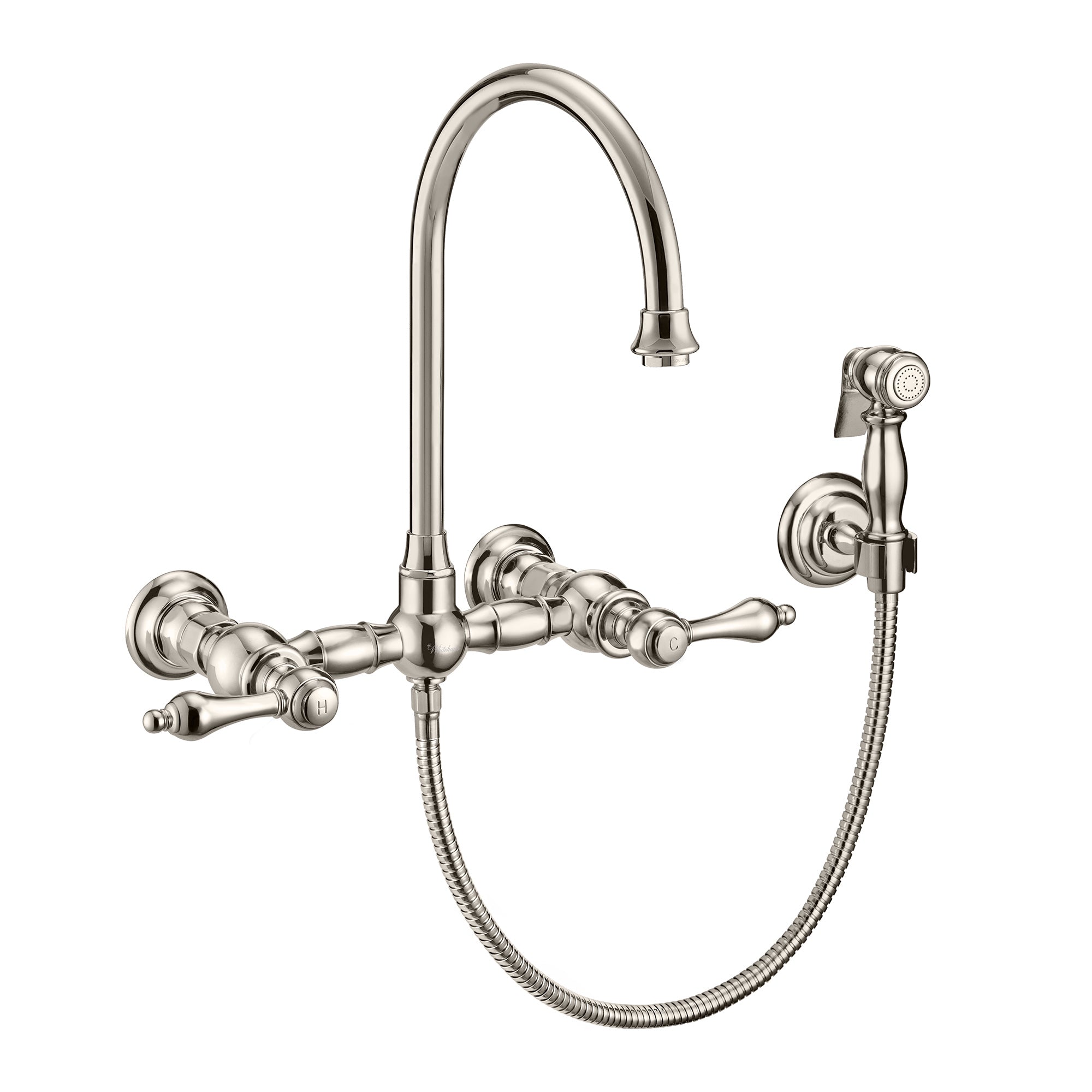 Wall Mount Faucet with a Long Gooseneck Swivel Spout, Lever Handles and Solid Brass Side Spray