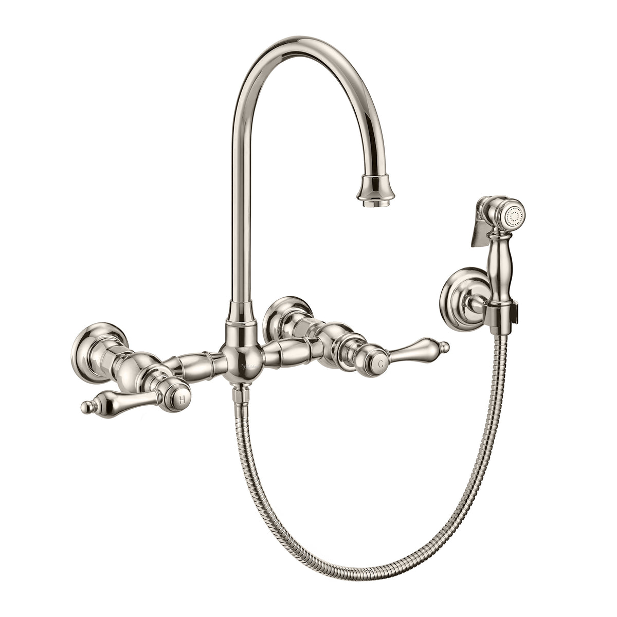 Wall Mount Faucet with a Long Gooseneck Swivel Spout, Lever Handles and Solid Brass Side Spray