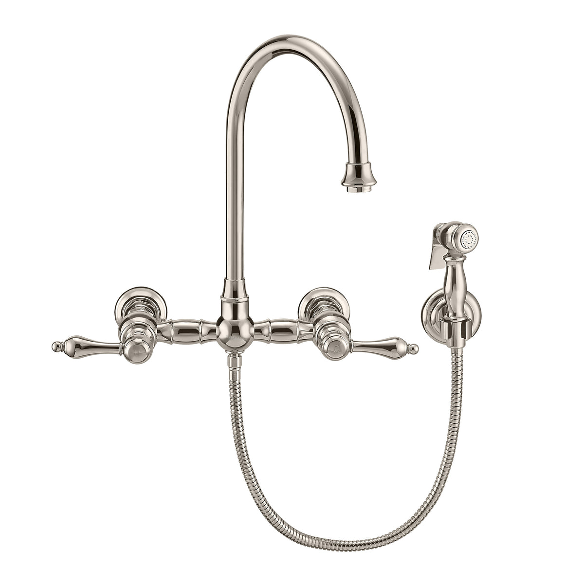 Wall Mount Faucet with a Long Gooseneck Swivel Spout, Lever Handles and Solid Brass Side Spray