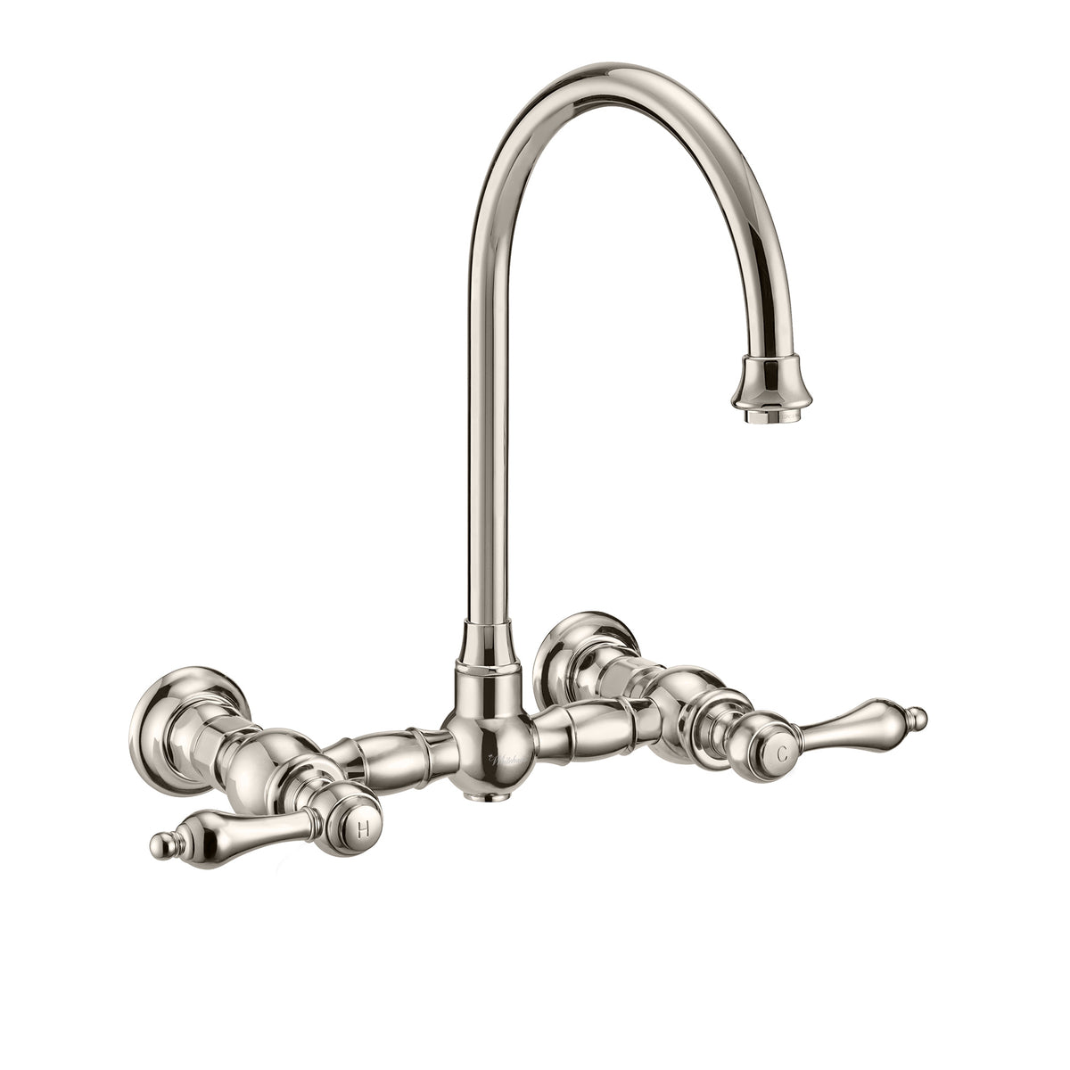Wall Mount Faucet with a Long Gooseneck Swivel Spout, Lever Handles and Solid Brass Side Spray