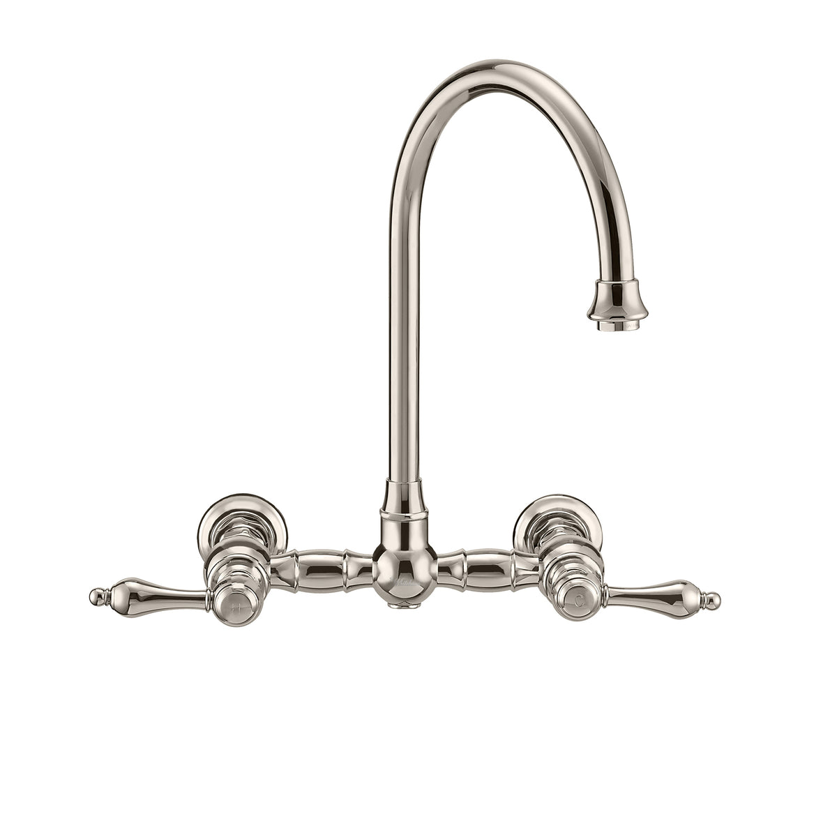Wall Mount Faucet with a Long Gooseneck Swivel Spout, Lever Handles and Solid Brass Side Spray