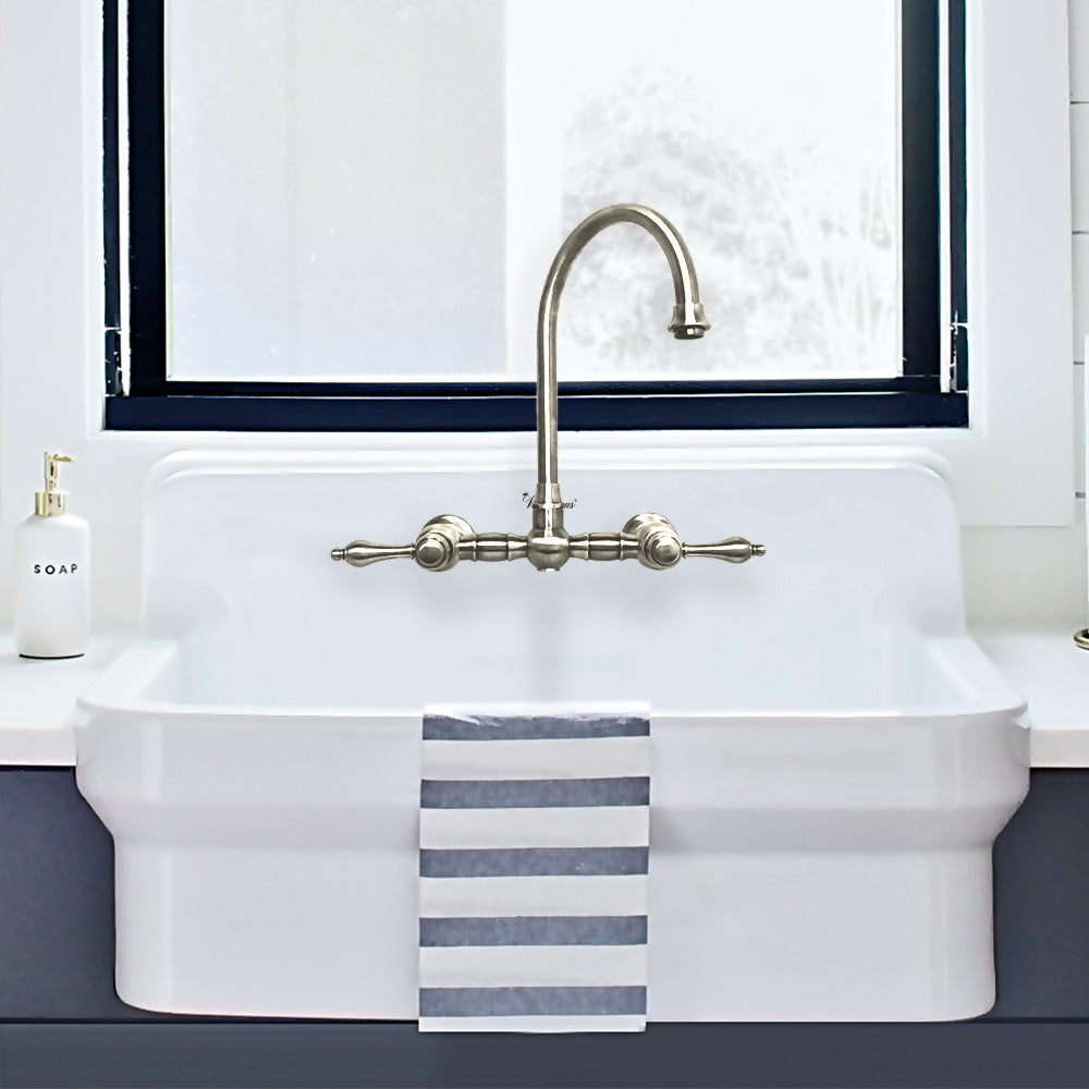 Wall Mount Faucet with a Long Gooseneck Swivel Spout, Lever Handles and Solid Brass Side Spray