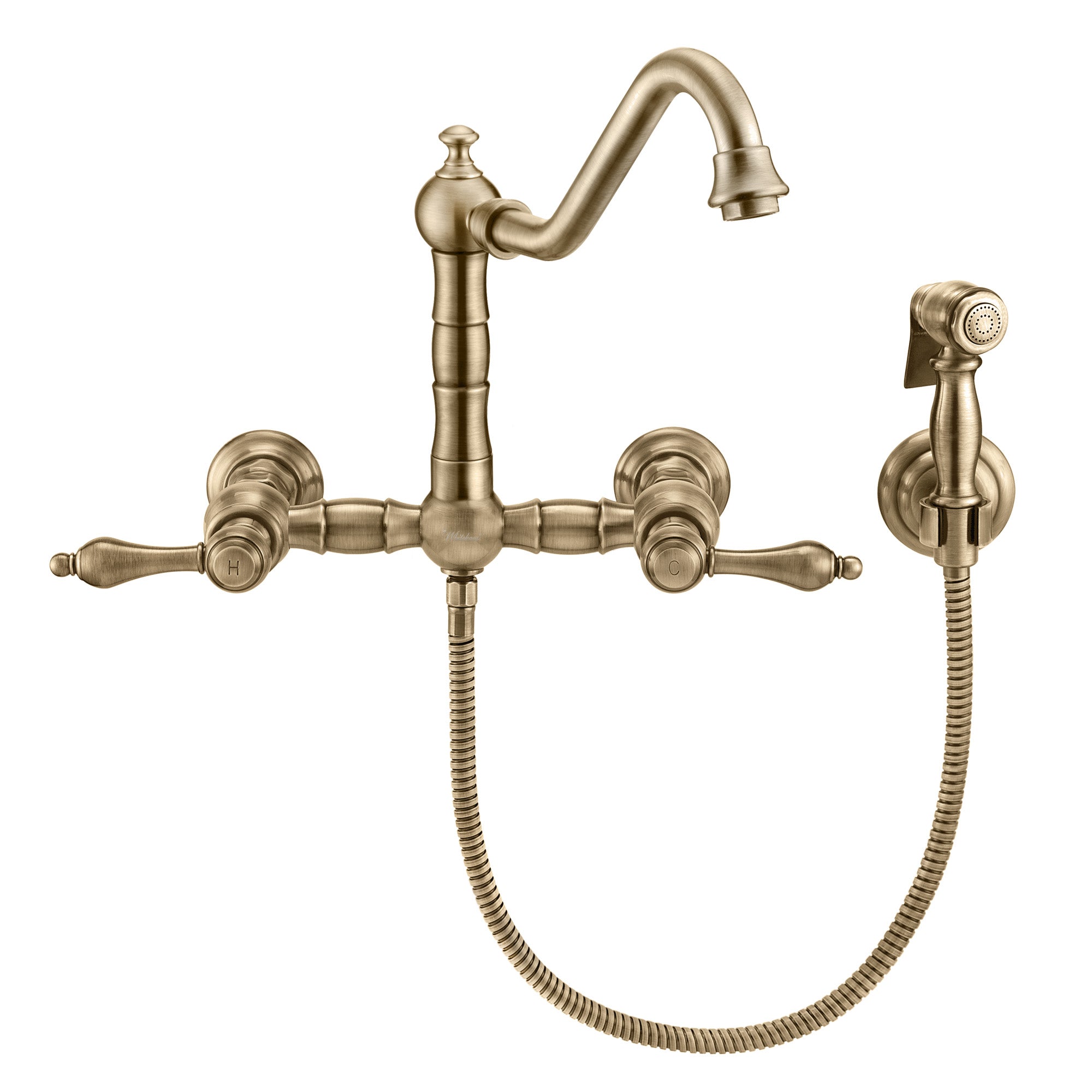 Wall Mount Faucet with a  Long Traditional Swivel Spout, Lever Handles and Solid Brass Side Spray