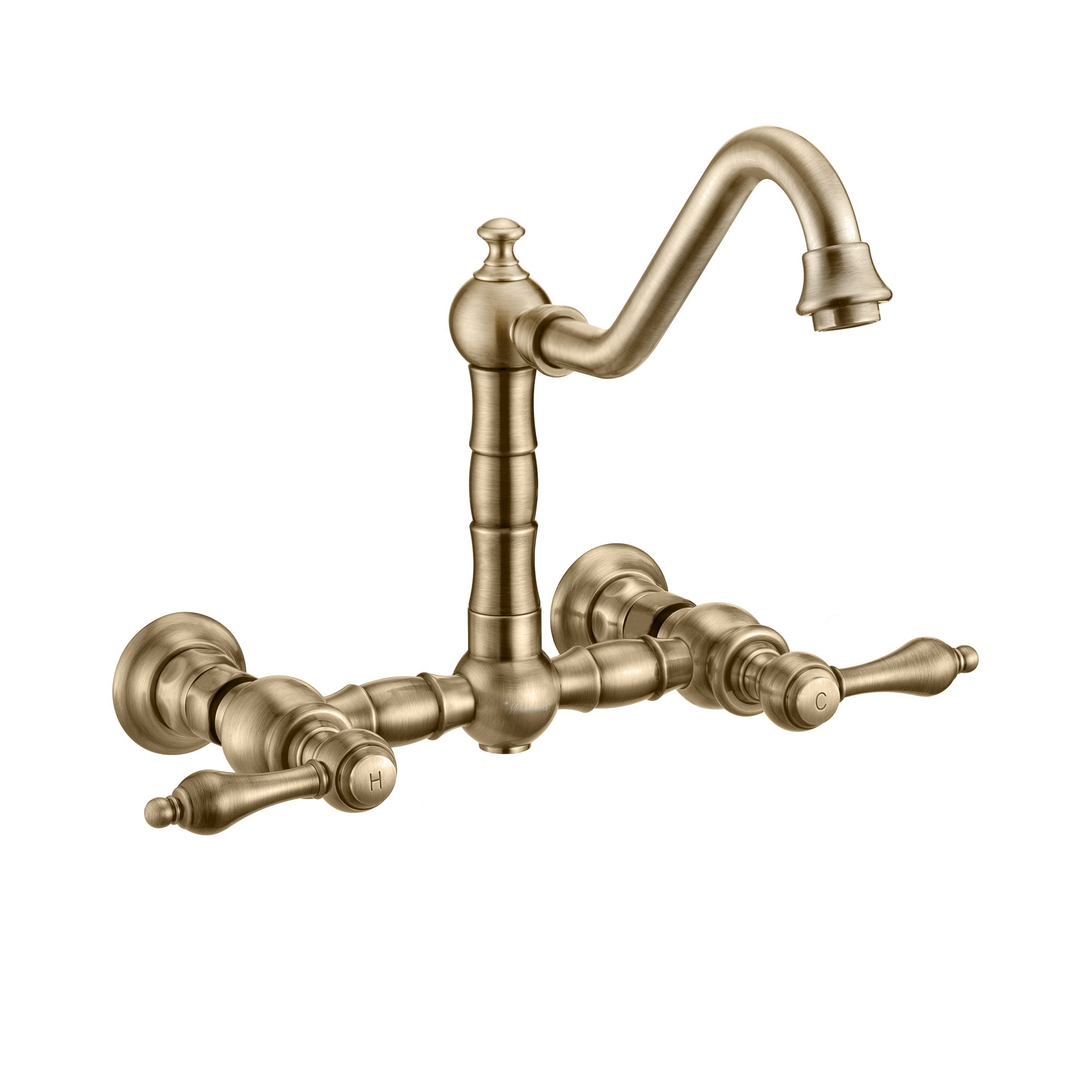 Wall Mount Faucet with a  Long Traditional Swivel Spout, Lever Handles and Solid Brass Side Spray
