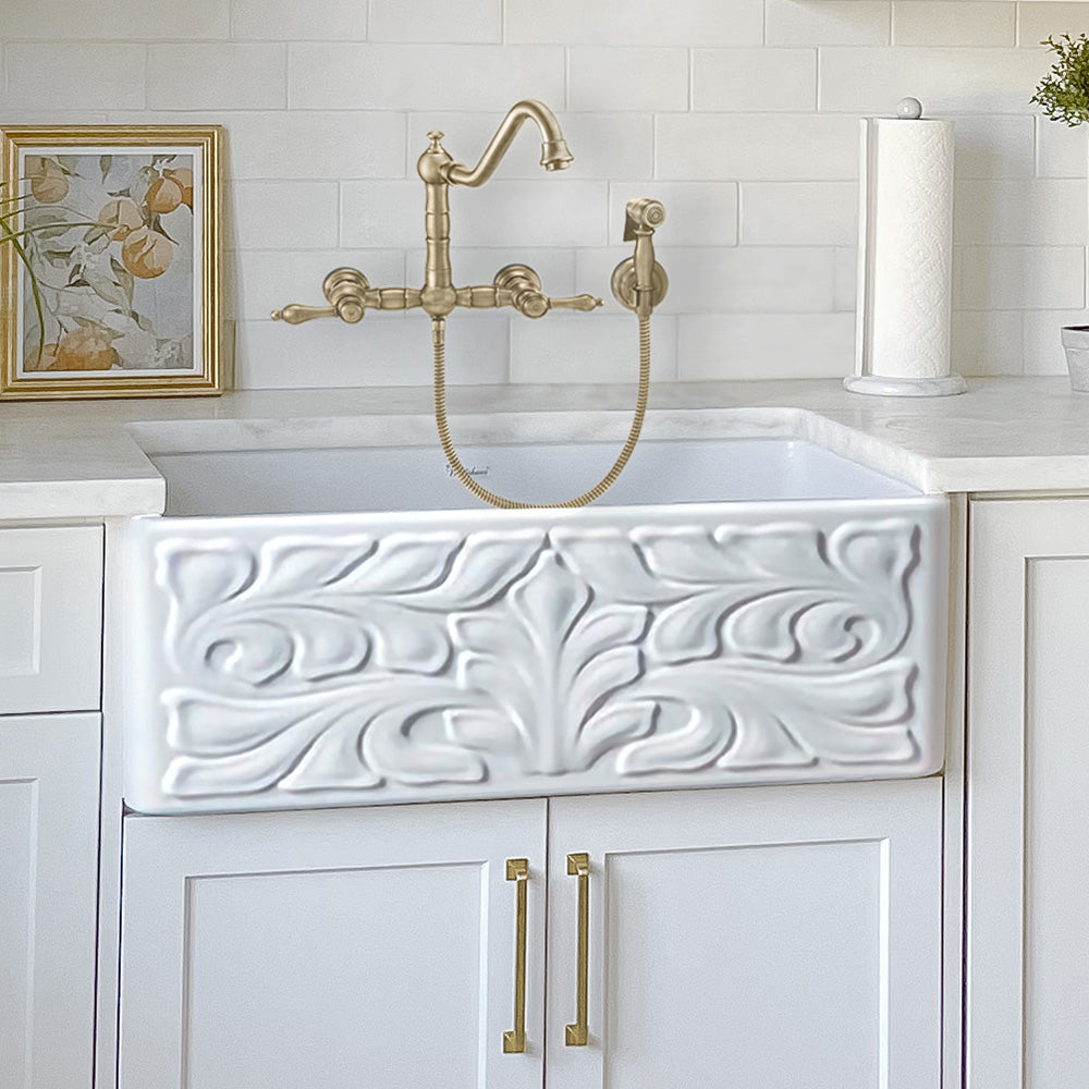 Wall Mount Faucet with a  Long Traditional Swivel Spout, Lever Handles and Solid Brass Side Spray