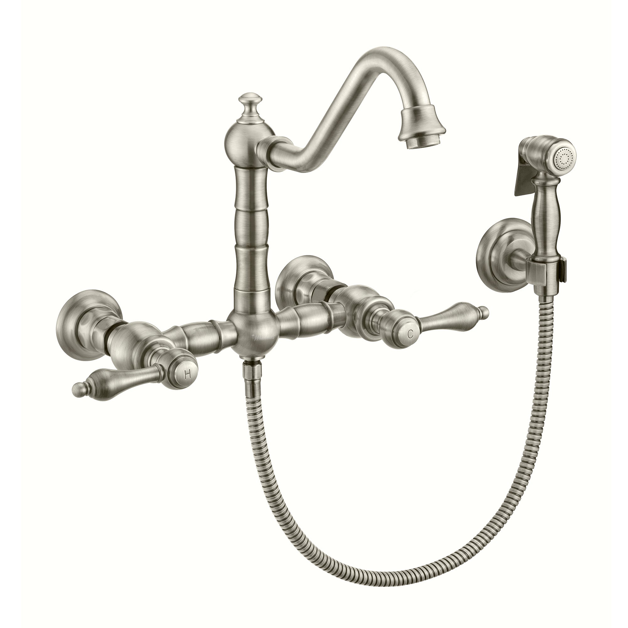 Wall Mount Faucet with a  Long Traditional Swivel Spout, Lever Handles and Solid Brass Side Spray