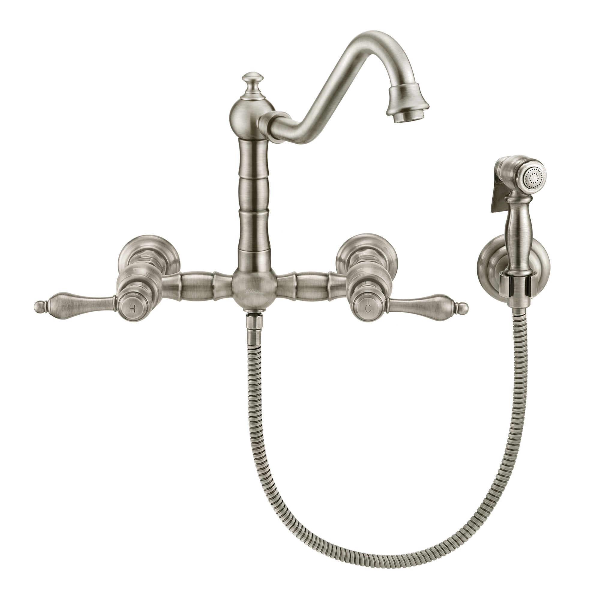 Wall Mount Faucet with a  Long Traditional Swivel Spout, Lever Handles and Solid Brass Side Spray