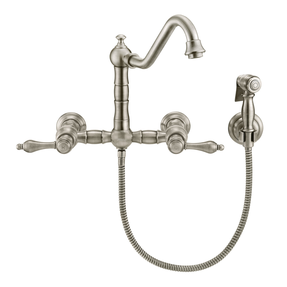 Wall Mount Faucet with a  Long Traditional Swivel Spout, Lever Handles and Solid Brass Side Spray