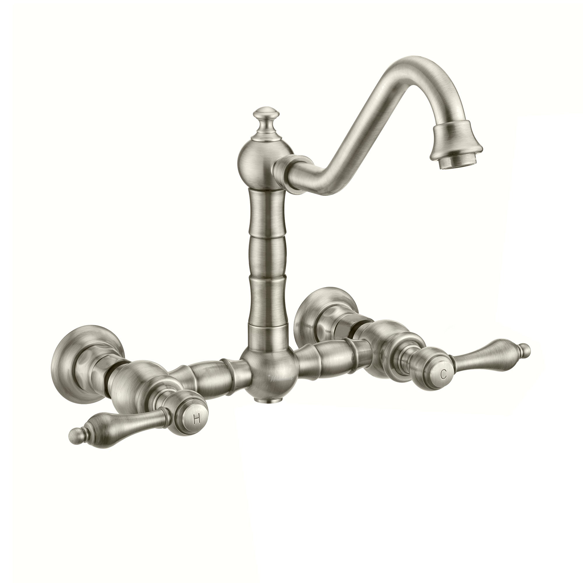 Wall Mount Faucet with a  Long Traditional Swivel Spout, Lever Handles and Solid Brass Side Spray