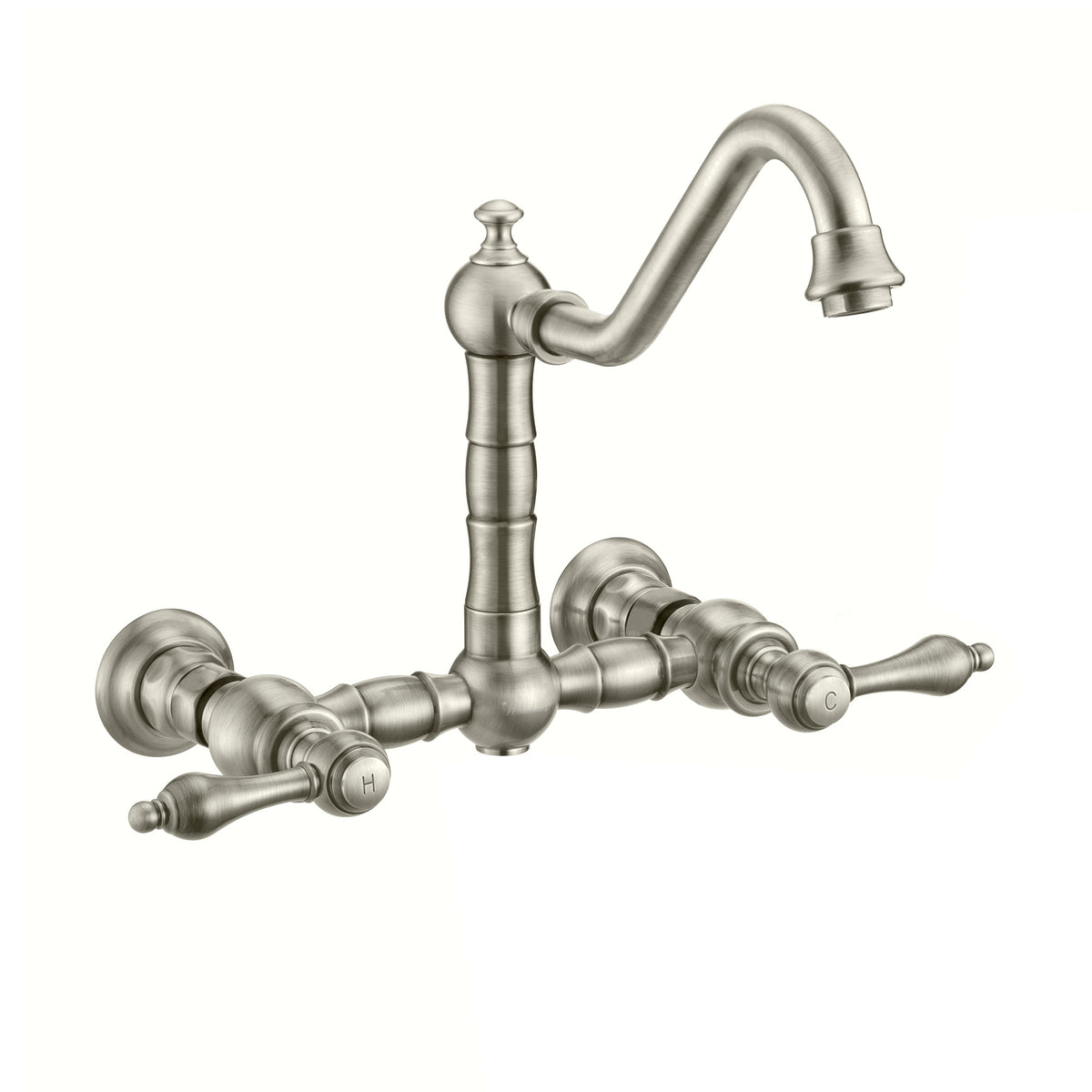 Wall Mount Faucet with a  Long Traditional Swivel Spout, Lever Handles and Solid Brass Side Spray