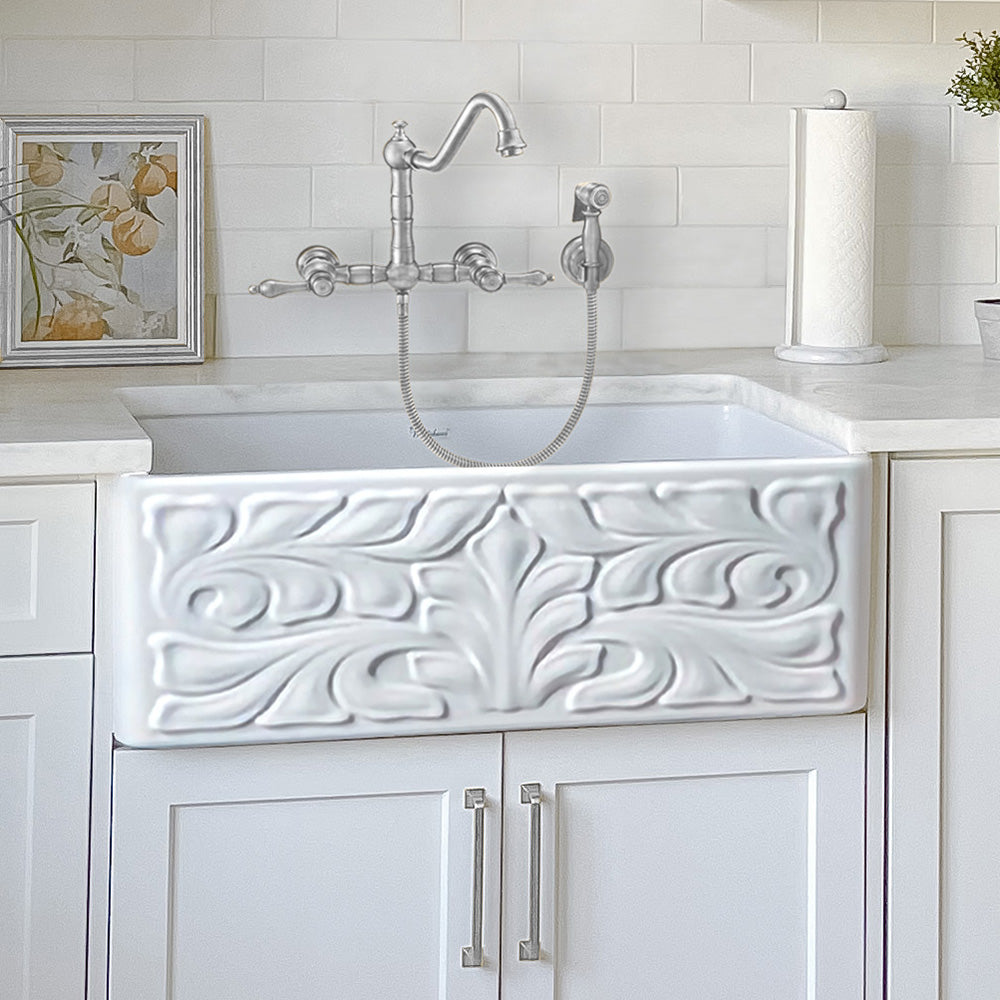 Wall Mount Faucet with a  Long Traditional Swivel Spout, Lever Handles and Solid Brass Side Spray