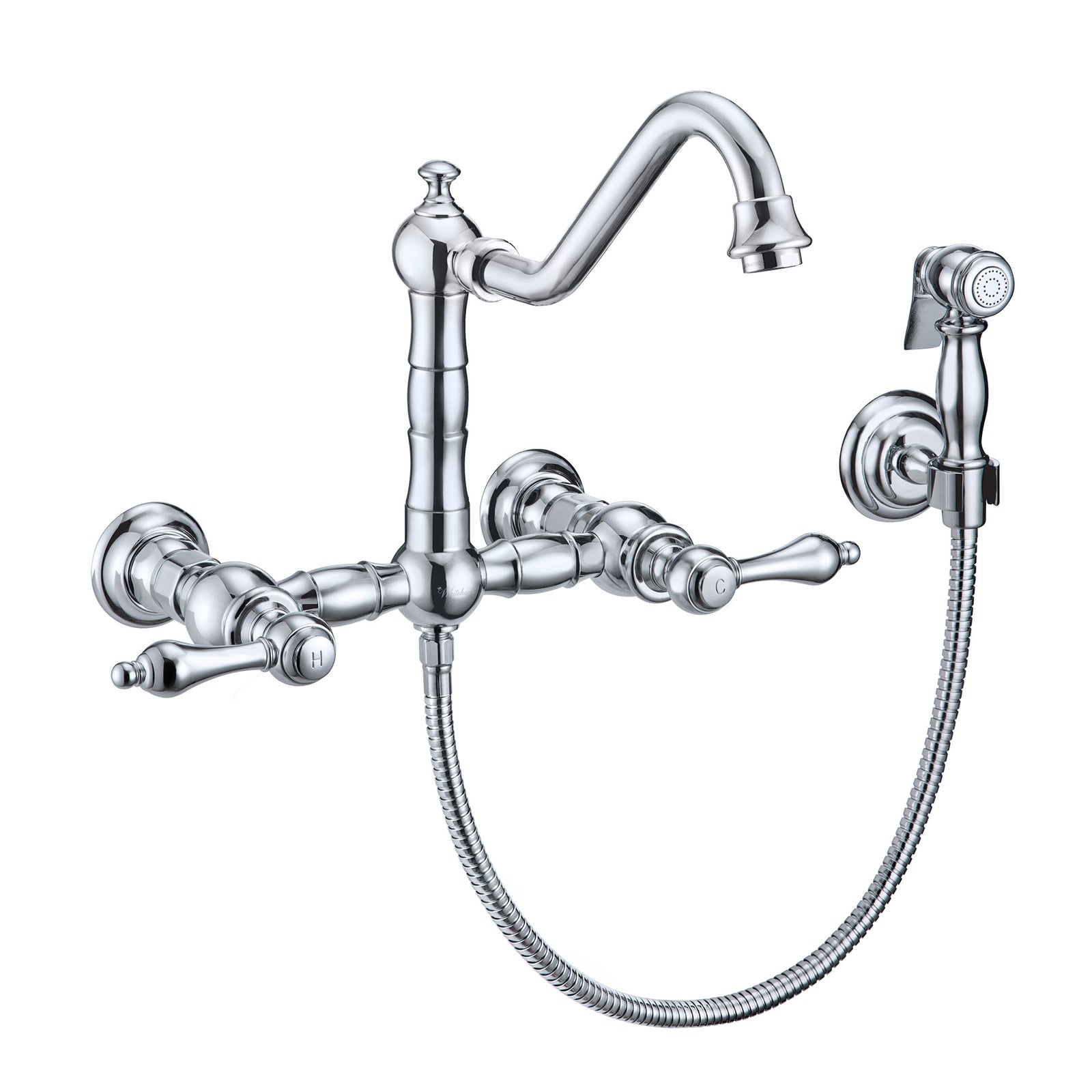 Wall Mount Faucet with a  Long Traditional Swivel Spout, Lever Handles and Solid Brass Side Spray