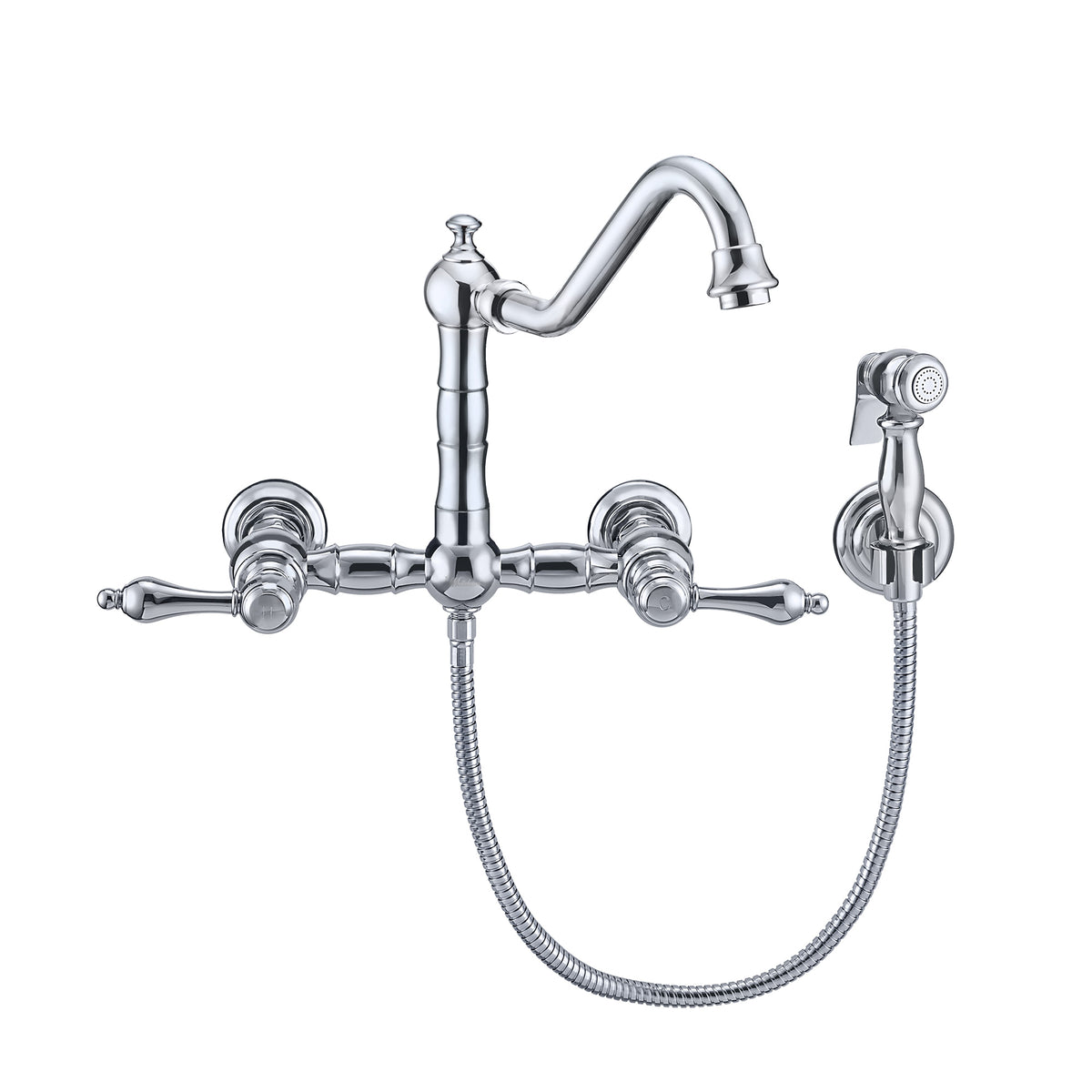 Wall Mount Faucet with a  Long Traditional Swivel Spout, Lever Handles and Solid Brass Side Spray